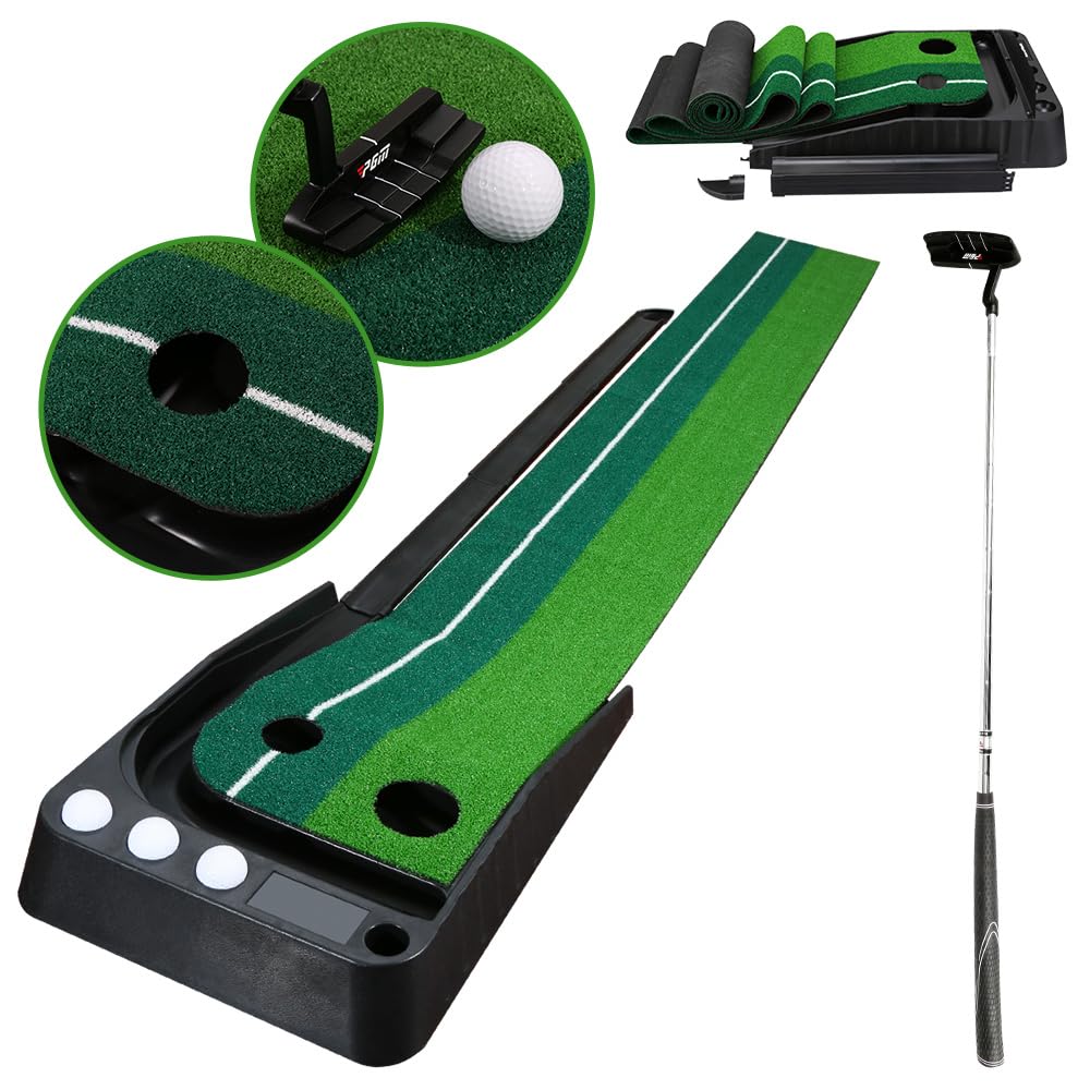 𝐅𝐨𝐠𝐦𝐢𝐞𝐚 Puttingmatte Mit Auto Ball Return Funktion, Putter, 3 Bälle,Übungsmatte für zu Hause und das Büro, Faltbare Golf Putting Trainer