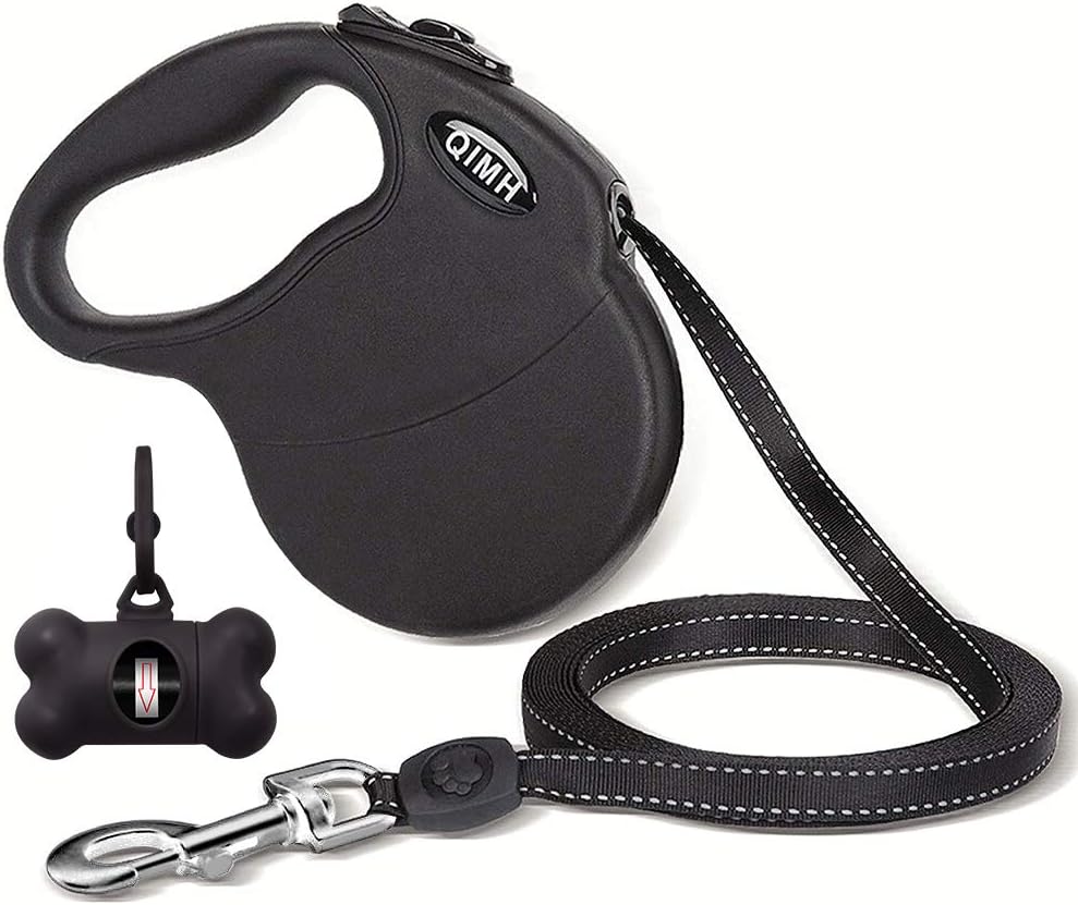 Qimh Retractable Dog Leash, 16ft Nylon Tape Heavy Duty Dog Walking Leash Rope for Small Medium Large Up to 110lbs, 360° Tangle Free, Soft Handle, Reflective Ribbon with One-Handed Brake and Waste Bag