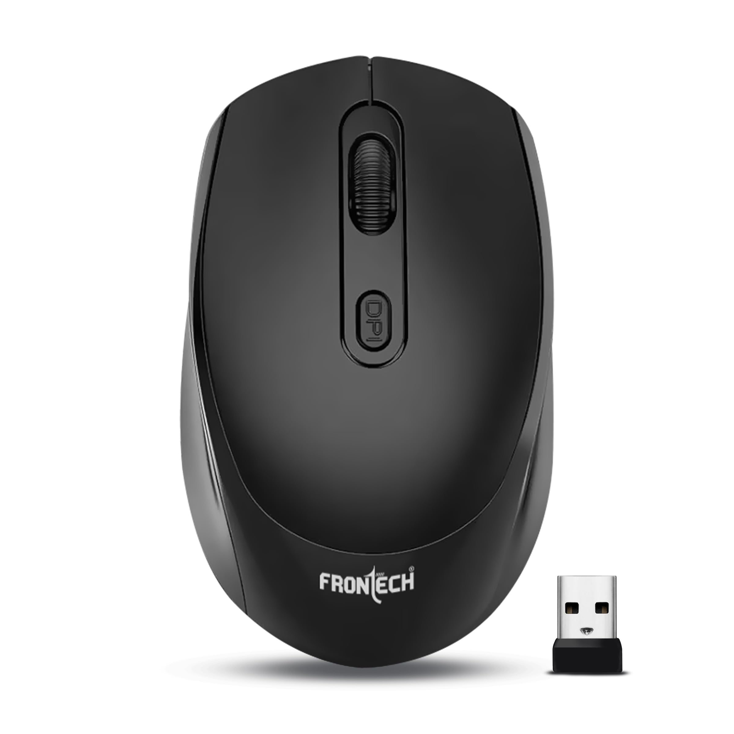 frontech ms-0073 wireless mouse, 2.4ghz with usb receiver, high precision optical tracking, 4 buttons, plug & play, ergonomic design for pc/mac/laptop (black)