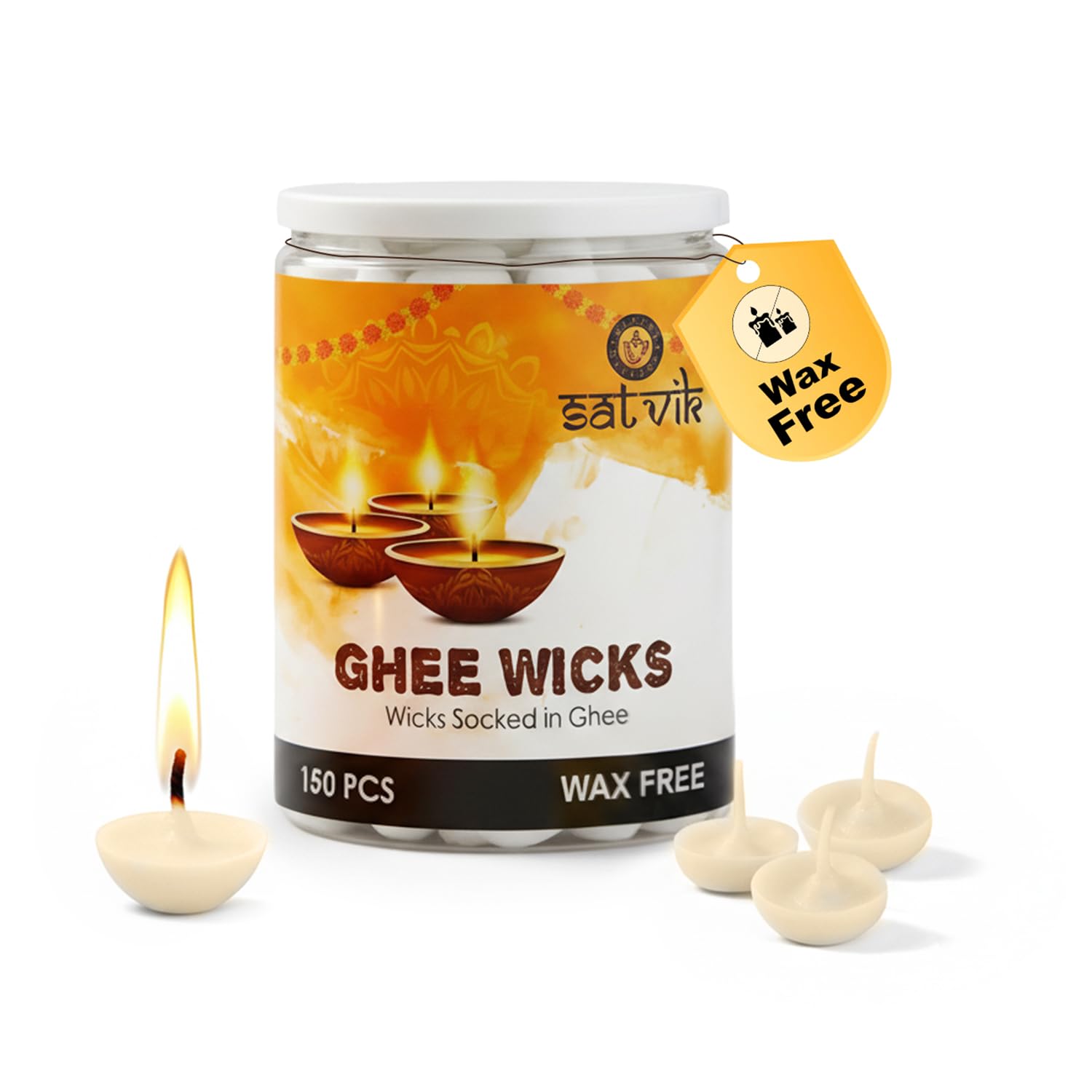 SATVIK Pack of 150 Pure Ghee Wicks for Puja | Ready-to-Use Diya Batti | 30-Min Burn Time | Wax-Free Cotton Wicks | Ideal for Pooja, Meditation, Diwali, and Housewarming Gifts