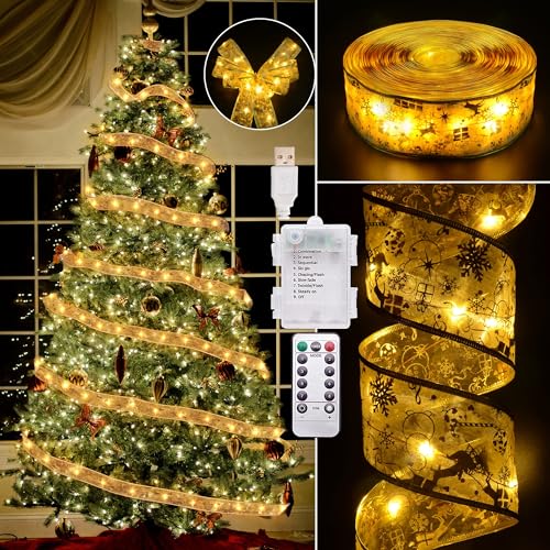 Vimorg Christmas Decorations - 2.5Inch x 66Ft 200 Led Christmas Tree Ribbon Lights with 8 Lighting Modes, Battery Operated & USB Powered Fairy String Lights with Timer for Xmas Tree Decor