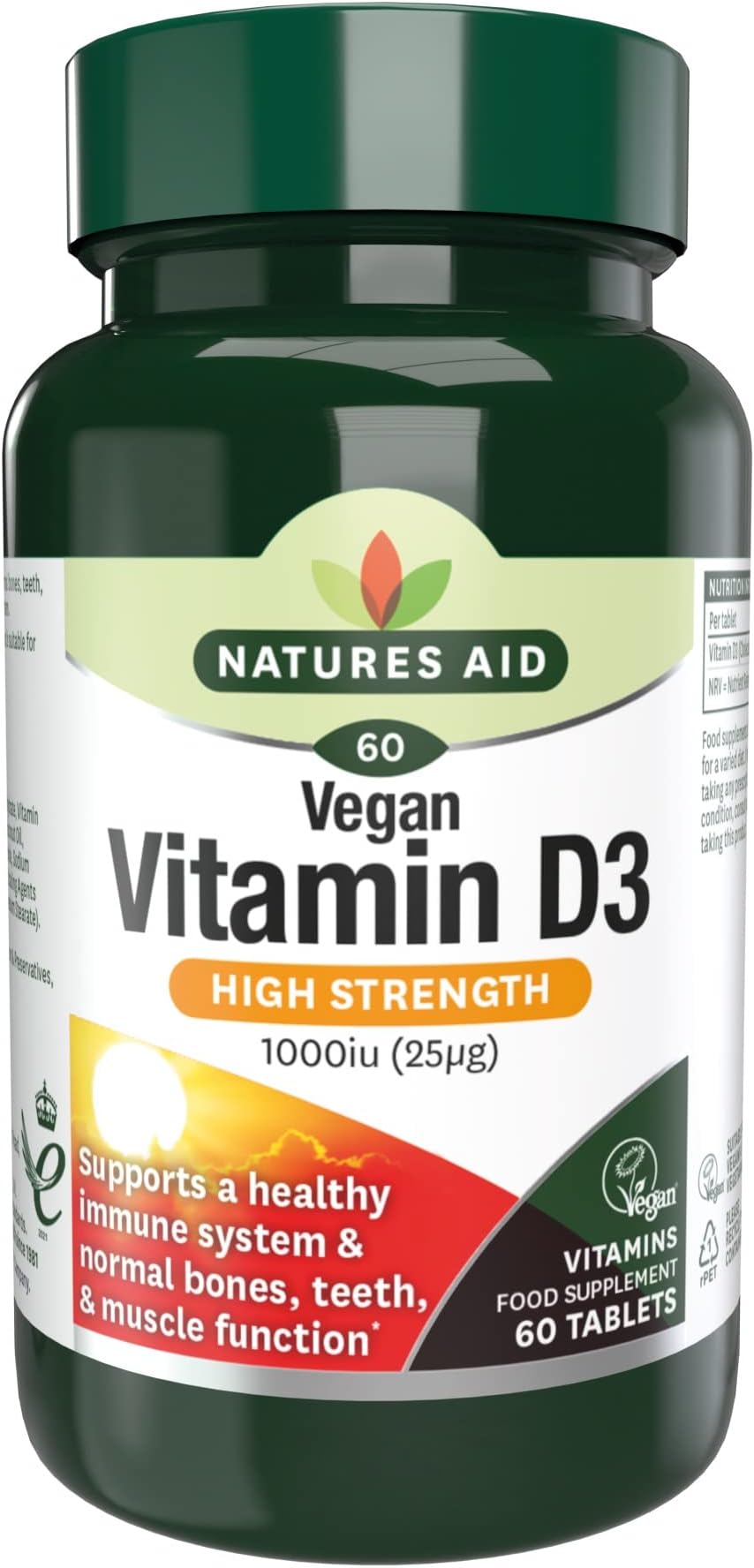 Natures Aid Vegan Vitamin D3 1000iu – High Strength Vitamin D Supplement for Bones, Immune System, Mood & Energy – Natural, Non-GMO, Gluten Free, Vegan Health & Wellness Support – 60 Tablets
