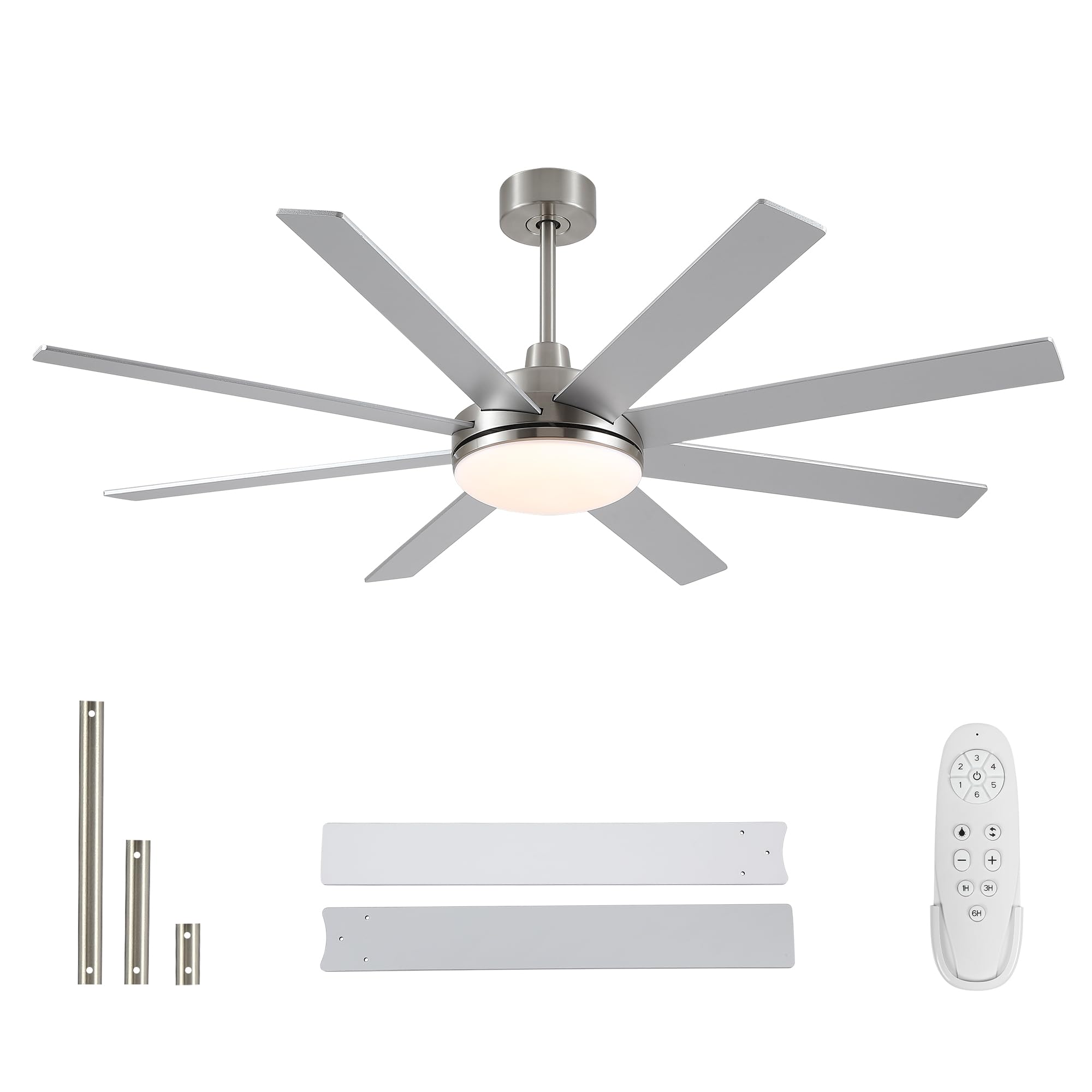 putroad Ceiling Fans with Lights and Remote, Brushed Nickel 62 Inch Modern Ceiling Fan with Light for Living Room Kitchen Patio, 6 Speed, Reversible, Timer, 3 CCT, Dimmable, DC Motor