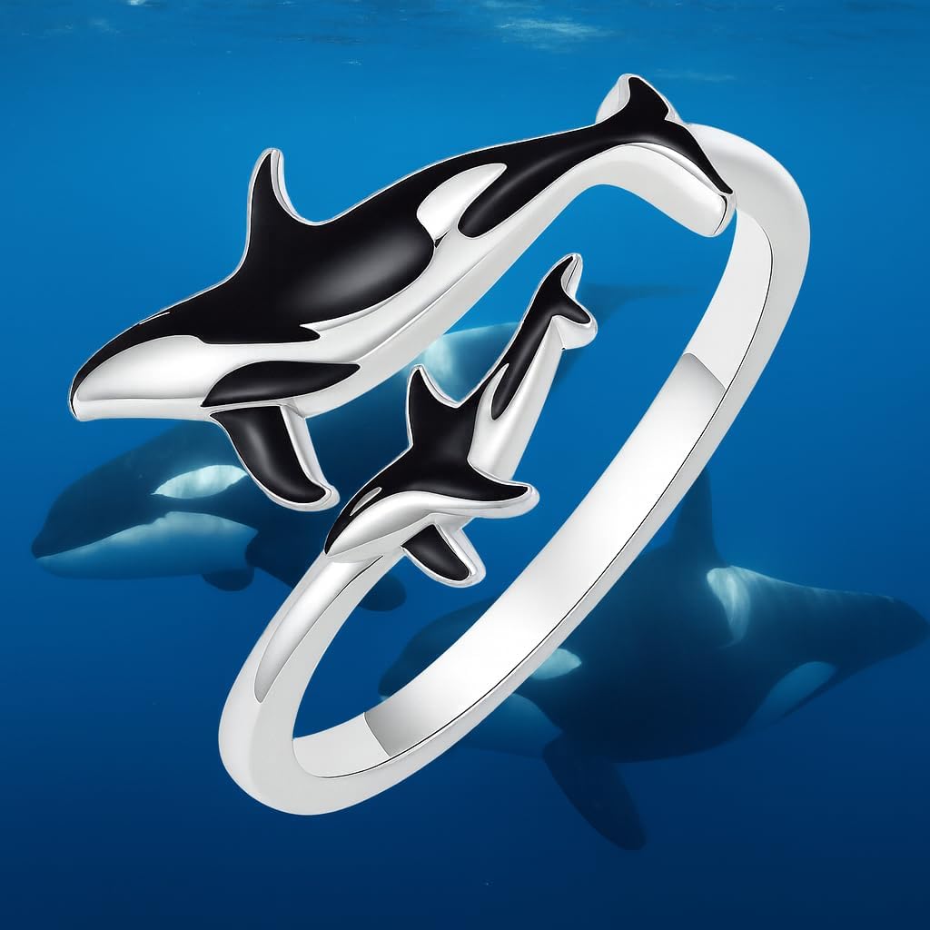 SUPAC Stainless Steel Orca Whale Ring, Adjustable Size, Black and Silver - Shamu Gift