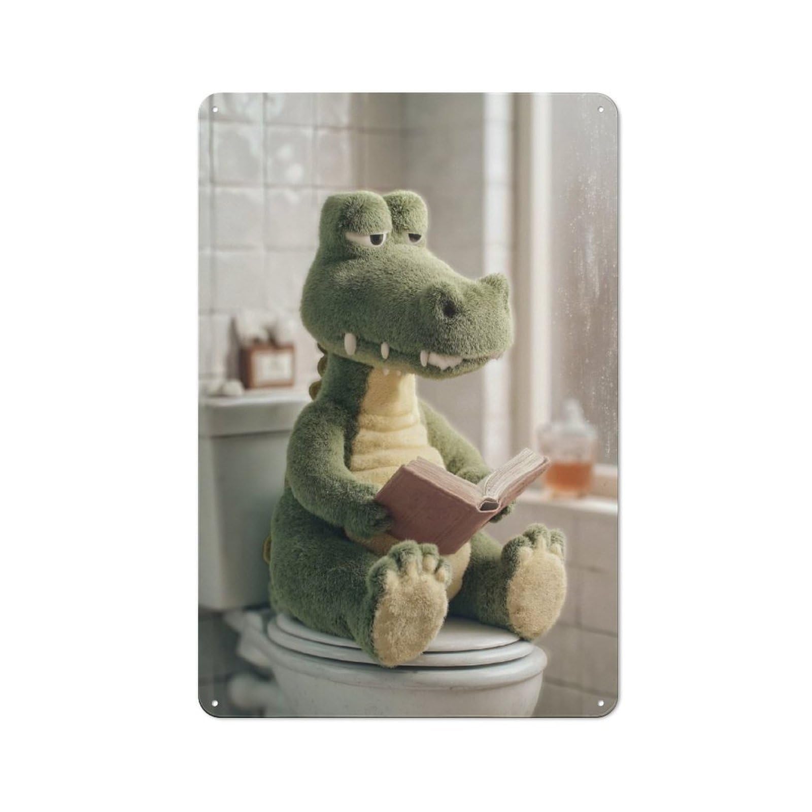 Junmoney Style-2 Rustic Crocodile Plush Reading On Toilet Tin Wall Plaque 30X20cm, Rustic Kitchen Decor For Cottage, Kitchen, Hallway Or Breakfast Nook