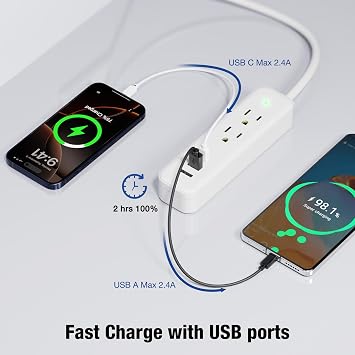 Power Strip Surge Protector Flat Plug with 3 USB Ports 2 AC Outlets