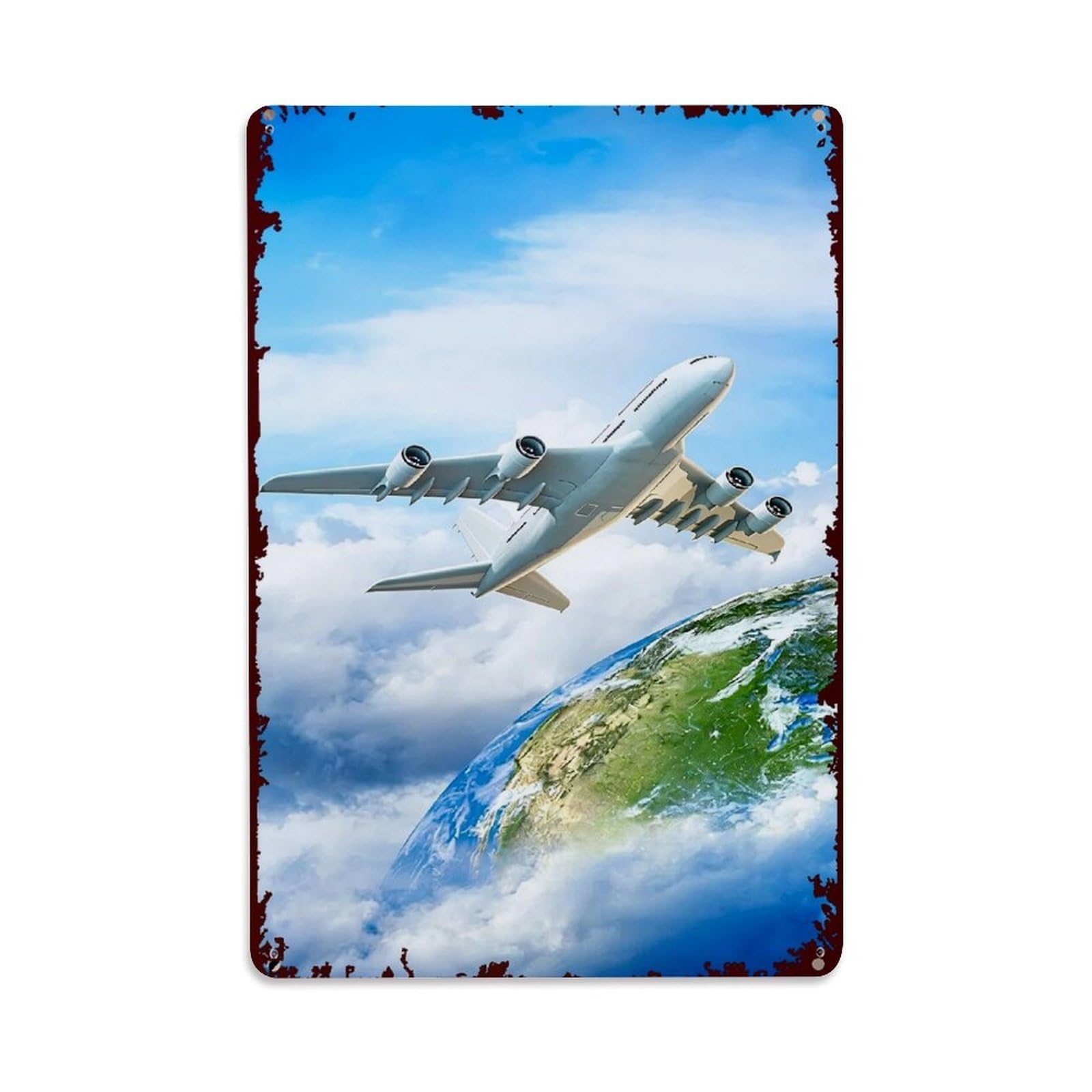 Jdfenggu Vintage Airplane Flying Over Earth Globe Retro Metal Tin Sign, Metal Poster For Bar, Home, Man Cave, Kitchen, Laundry Room Art Decor 8X12 Inch