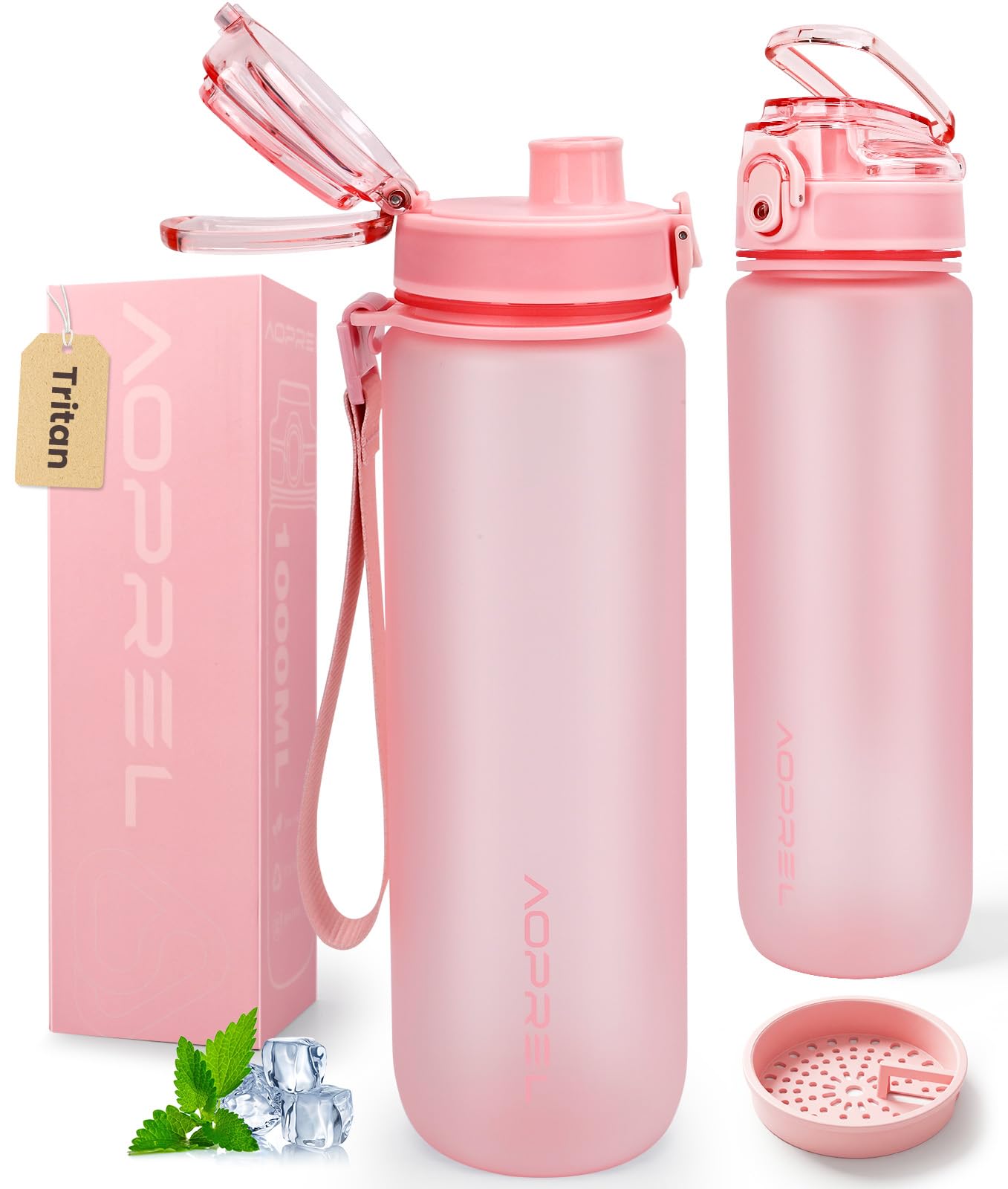 Aoprel Pink Leakproof Water Bottle 1L/650Ml With Time Marker, Bpa-Free Tritan
