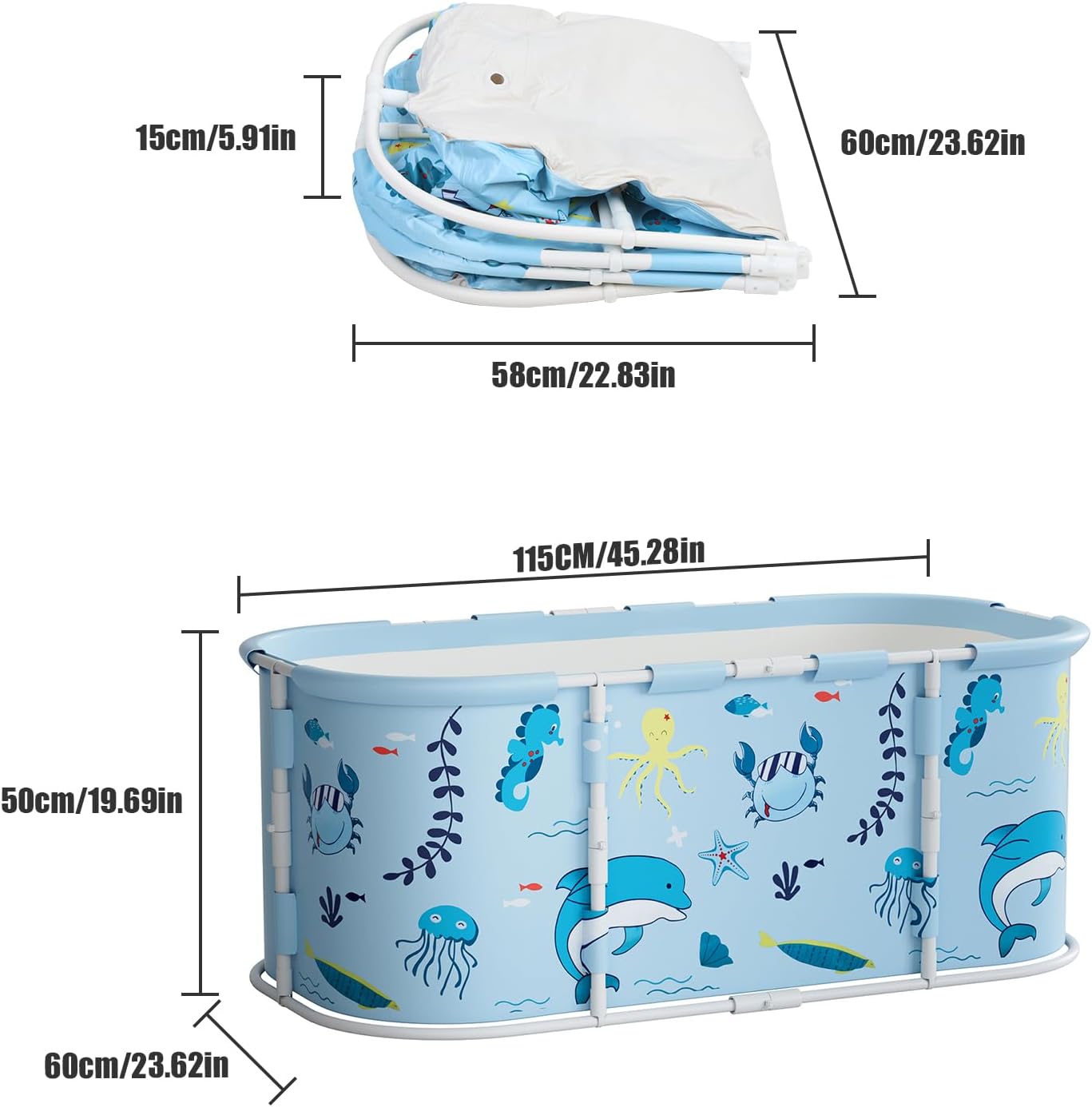 Portable Foldable Bathtub for Adult, 47" Folding Tub, Soaking Bathtub for Hot Bath and Ice Bath, Freestanding Surround Collapsible Bathtubs, Reinforced Bracket, Large Capacity (Light Blue)