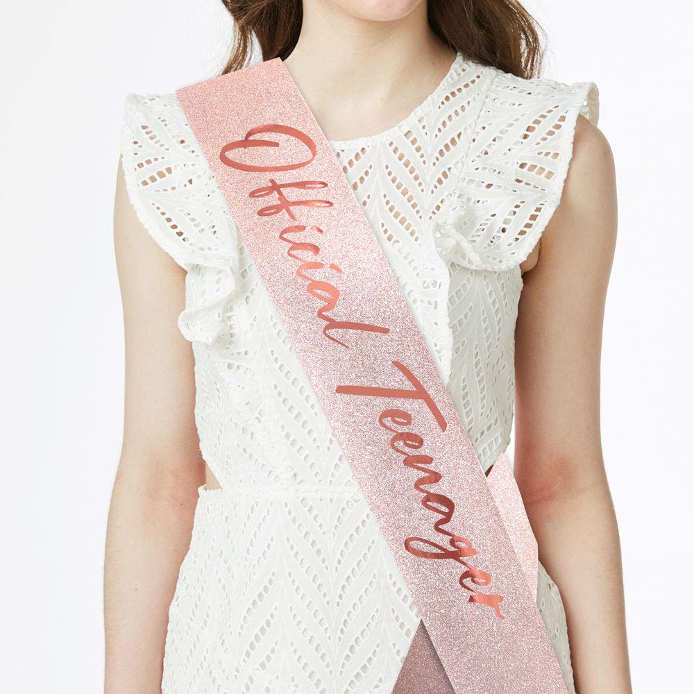 ADBetty Official Teenager Sash & Rhinestone Tiara Set - Rose Gold Glitter 13th Birthday Gifts Birthday Party Supplies
