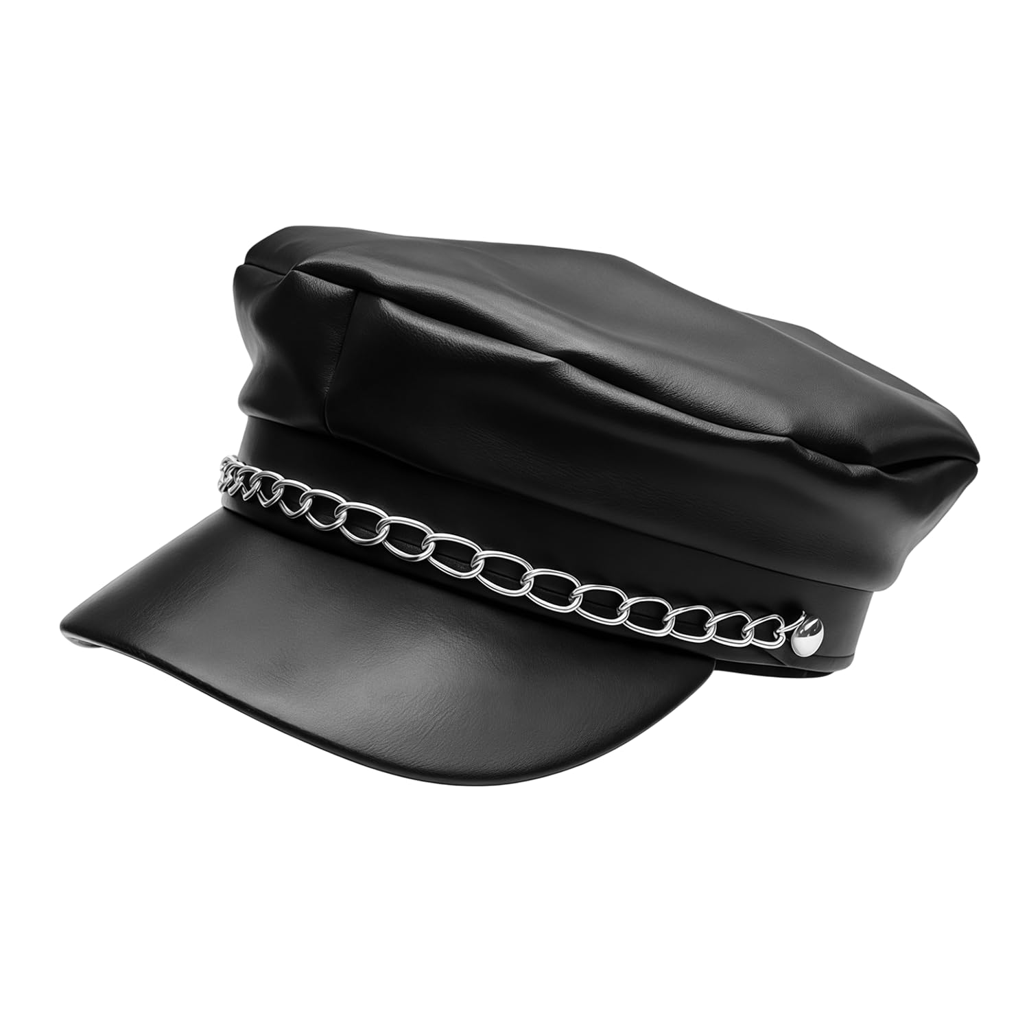 DVOFU Biker Hat with Chain, Black Faux Leather Adult Costume Headwear, Punk Newsboy Sailor Motorcycle Cap for Cosplay Fancy Dress Events