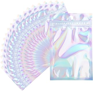 LOMIMOS 100Pcs Smell Proof Bag,Holographic Plastic Resealable Ziplock Storage Packaging pouch Bag with Clear Window for Sample Small Business Candy Food jewelry Eyelash (2.4x3.9In)