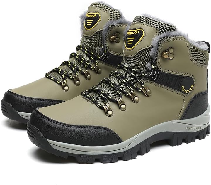 Outdoor Waterproof Hiking Boots, Winter Fur Lined Trekking Shoes, Non-Slip Rubber Sole, Available in Gray, Black, Khaki