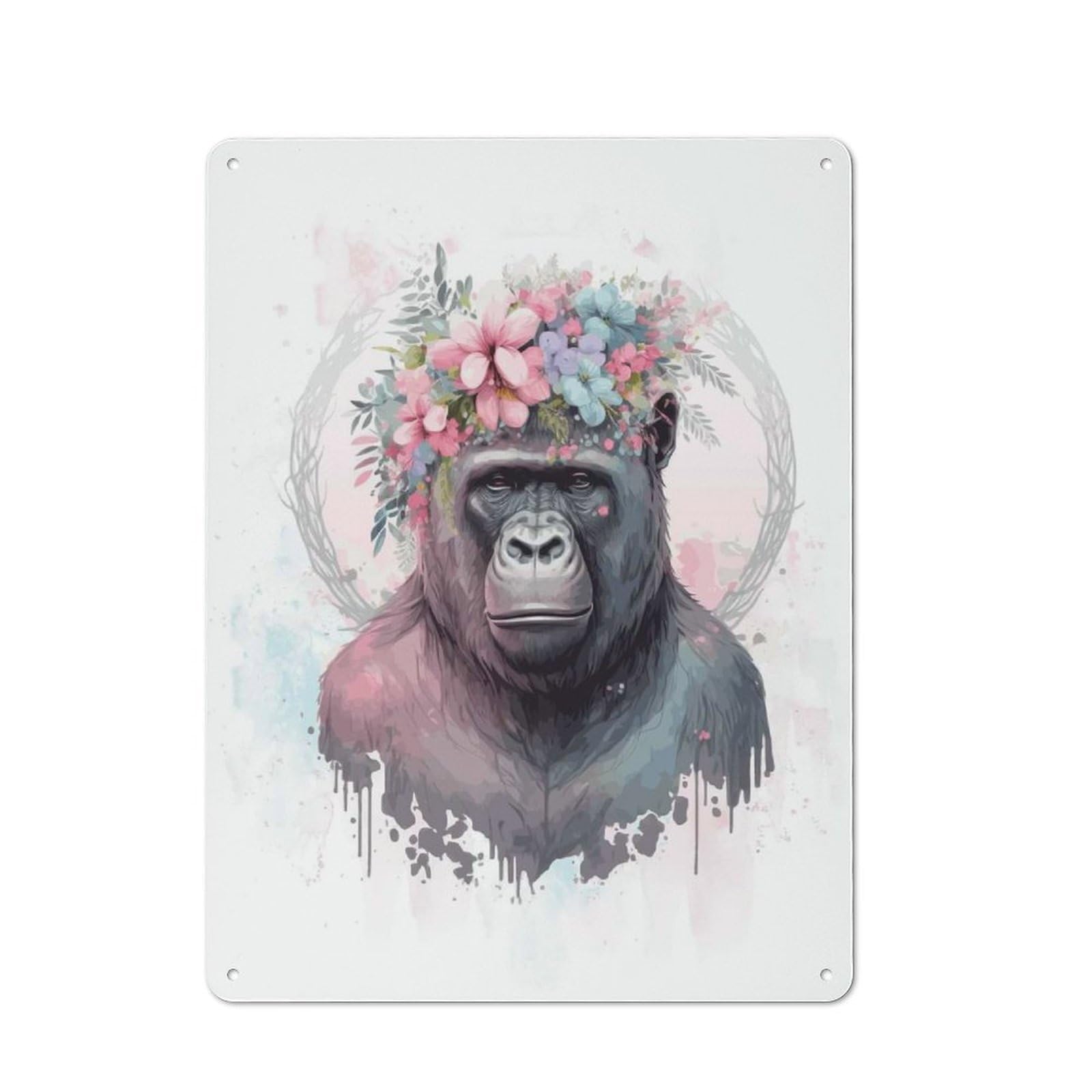 Retro Metal Wall Sign 40x30cm with Floral Watercolor Gorilla for Hallway Wall, Gift for Wall Display Collectors during The Christmas Season