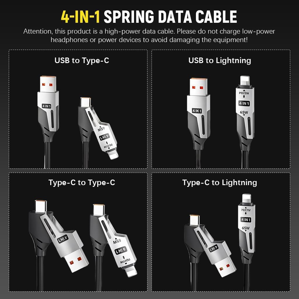 4 in 1 Retractable Fast Charging Cable, 65W Spring Coiled Multi Charging Cable with USB to Type C, Lightning & Micro USB, Portable Telescopic Data Cable for Mobile, Tablet & All Devices (Yellow)