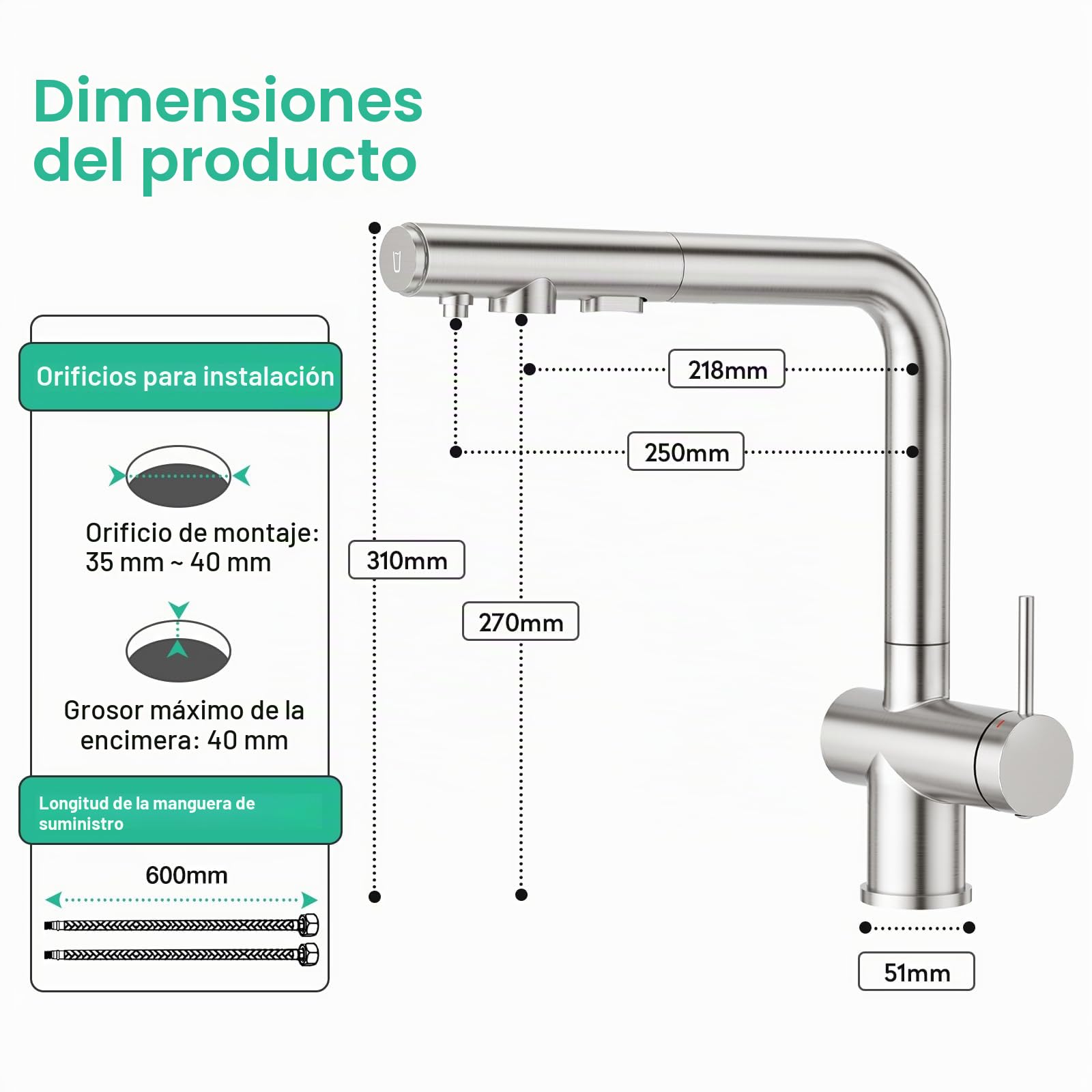 Faustina Grifo de cocina de 3 vías con ducha extraíble, grifo monomando, grifo de fregadero, grifo de agua potable para cocina para ósmosis inversa y filtro de agua de acero inoxidable cepillado