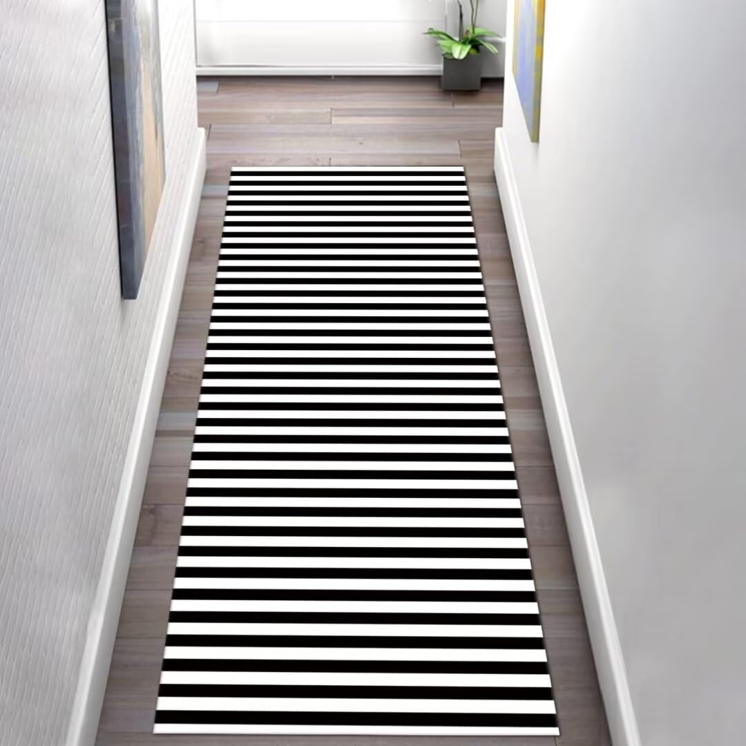 Läufer Flur Küche Waschbar rutschfest 100x200cm Modern Gestreift Schwarz Weiß Lang Küchenteppich Flurteppich Teppich Fur Korridor Wohnzimmer Schlafzimmer Meterware Anpassbar