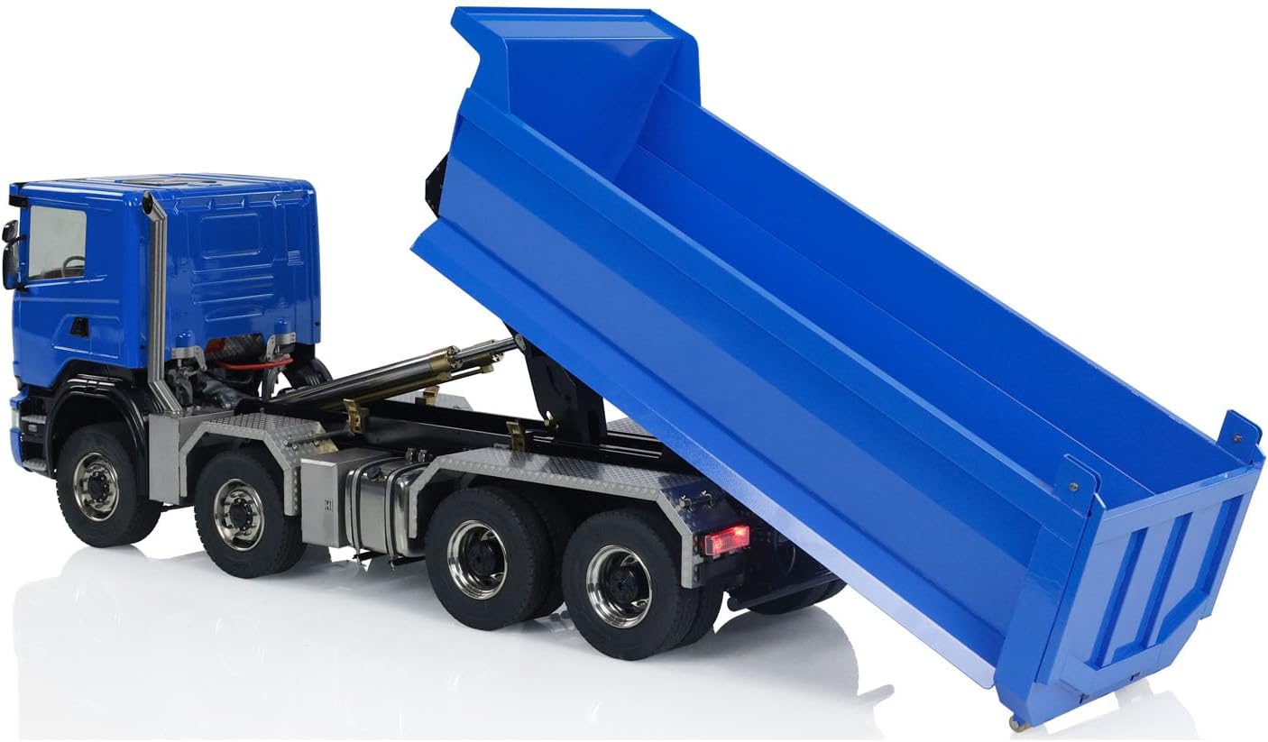 1/14 8x8 RC Hydraulic Full Dump Truck Roll-Off Dumper Car Differential Lock Axles Remote Controller and Receiver for Adult Hobby(Blue)