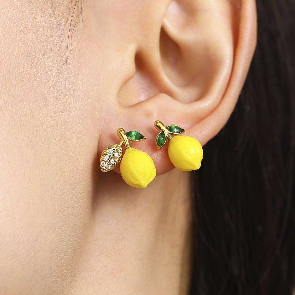 Cute Lemon Earrings for Women 14K Gold-Tone Plated Cubic Zirconia Daisy Flower Huggie Hoop Lightweight Dangle Drop Earring Stud Sweet Food Fruit Statement Summer Jewelry for Daughter Sister - Image 2