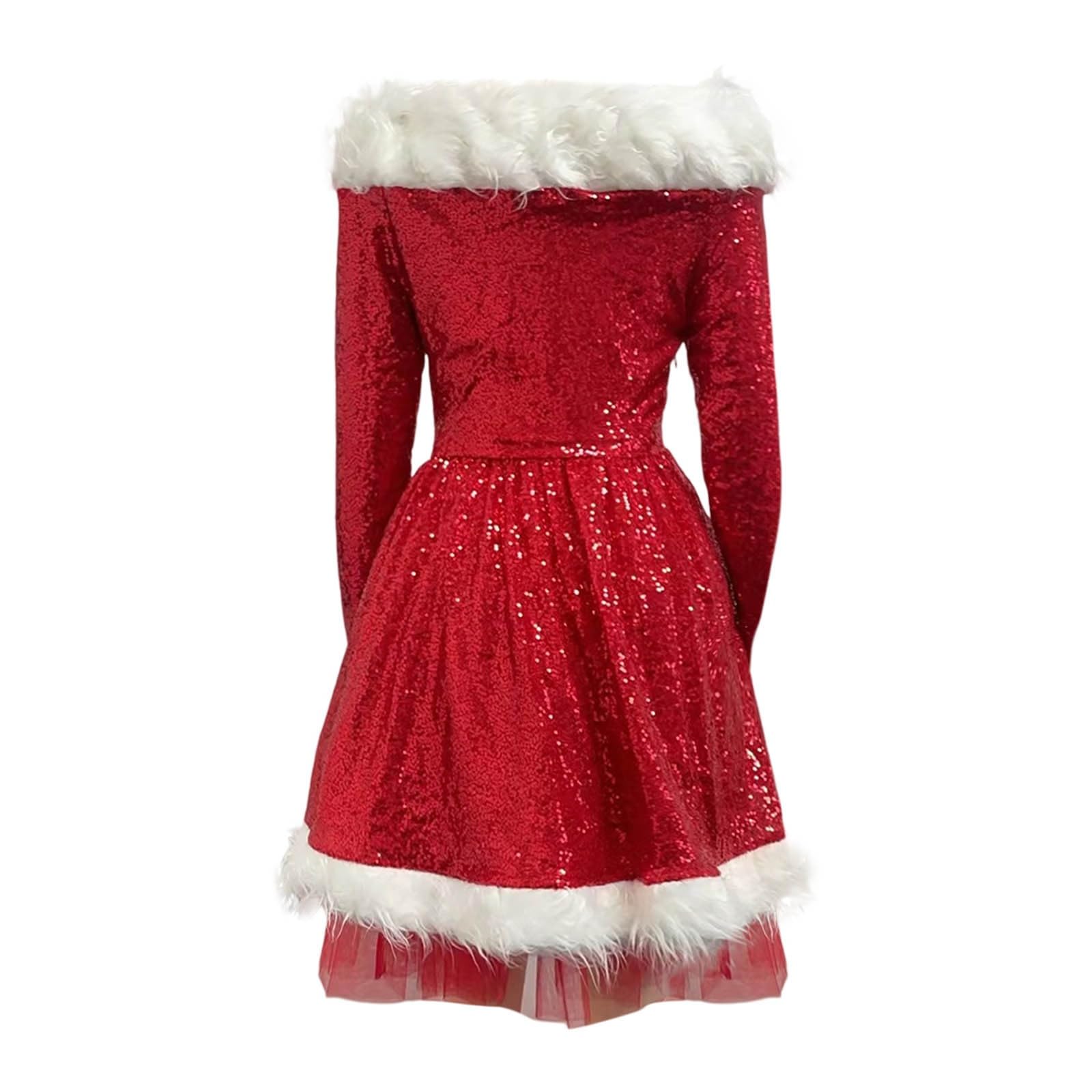 Abito natalizio da donna, rosso, a maniche lunghe, in peluche, linea ad A, a vita alta