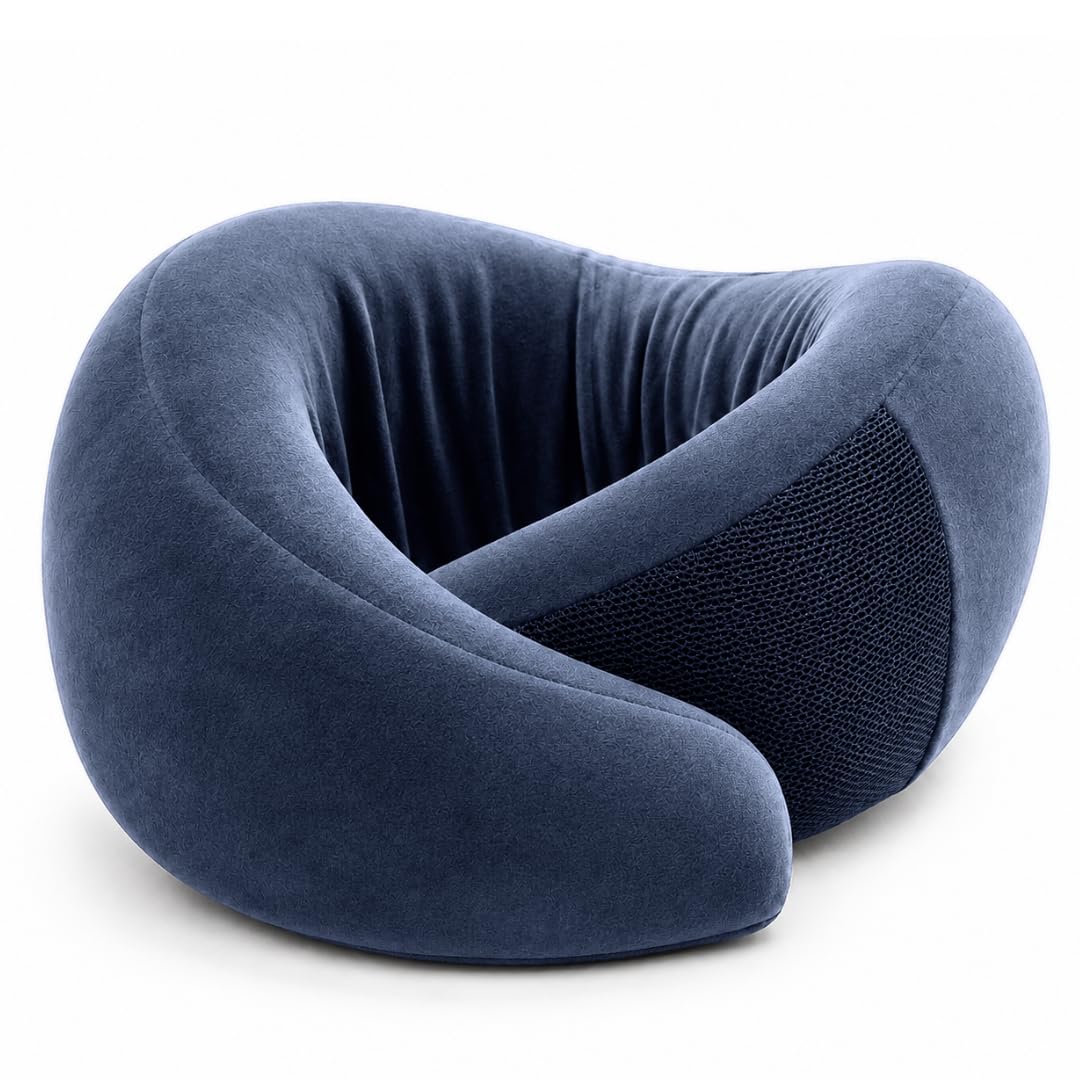 Fybu osteo Travel Neck Pillow Memory Foam 62x13x7 cm (Blue) | 360° Neck & Head Support, Dual-Height Design, Adjustable Velcro, Velvet Fabric Cover, For Airplane, Car & Train-image-39