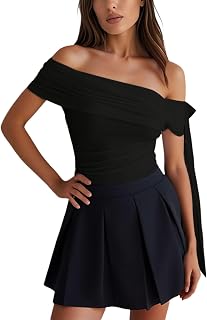 Women's Bodysuit with One Shoulder Sleeveless T-Shirts Ruched Crop Tops Trendy Fashion Summer Y2K Streetwear Short Sleeve T-Shirts Outfits Plain Top Summer Clothing O Schwarz L