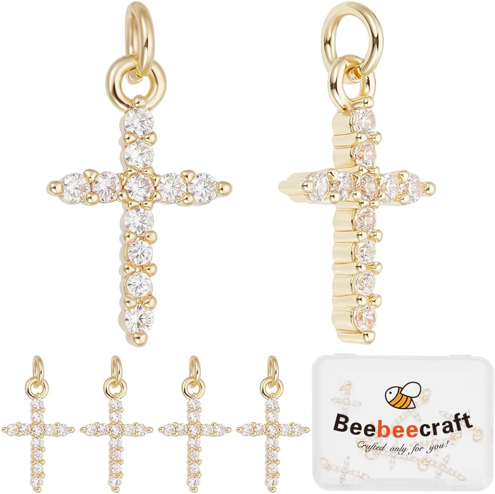 Beebeecraft 1 Box 10Pcs Small Gold Cubic Zirconia Cross Charm with Jump Ring Real 18K Gold Plated Brass Clear Crosses Pendant Charm for Jewelry Making Charms Necklace Bracelets Supplies DIY Crafts