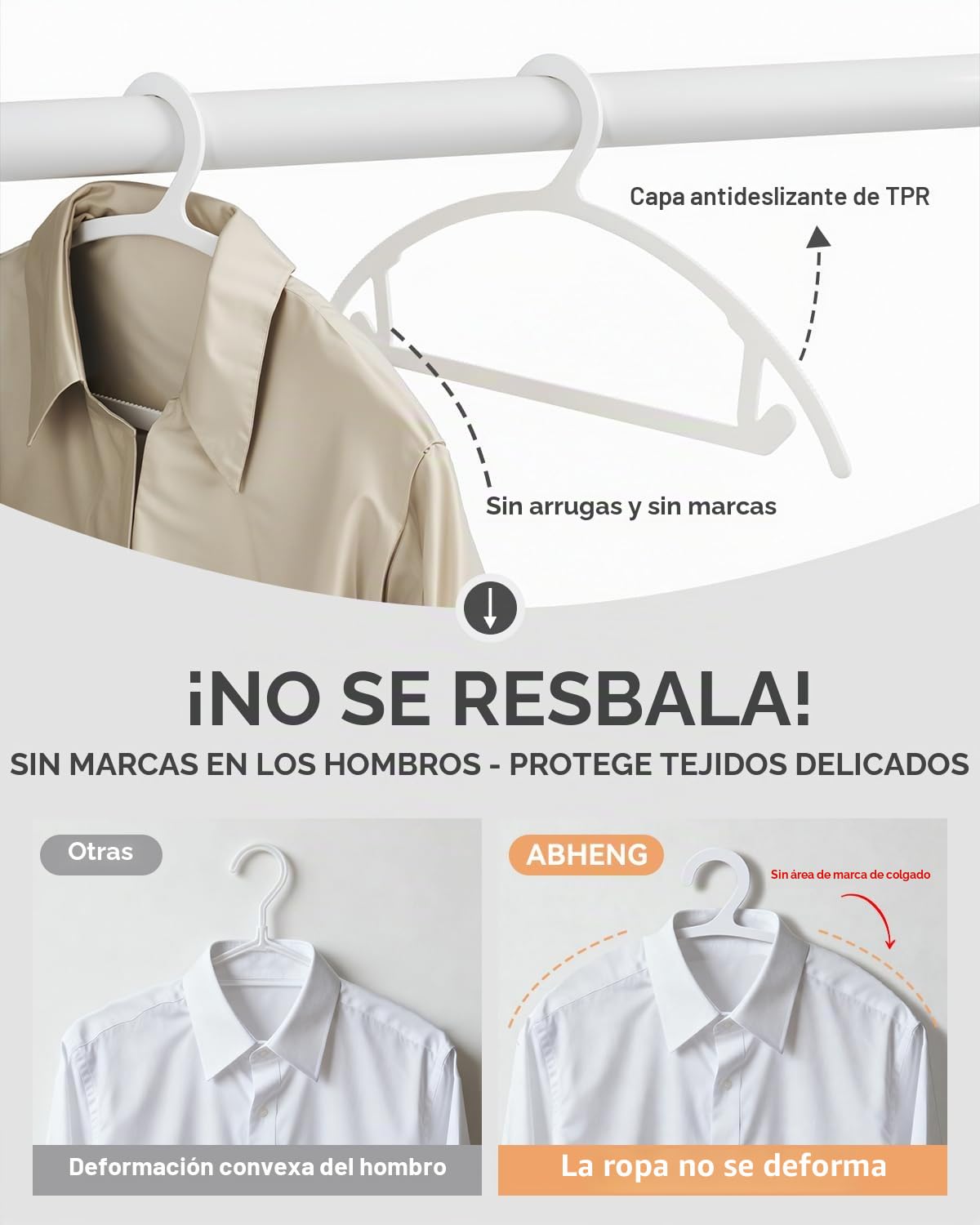 ABHENG 30 Perchas de Plástico Antideslizantes, Resistentes Delgadas Ahorradoras de Espacio, Perchas Todo-en-Uno para Vestidos Trajes Jeans Jerseys, 41,7 cm x 21cm, Blancas, APY0830W