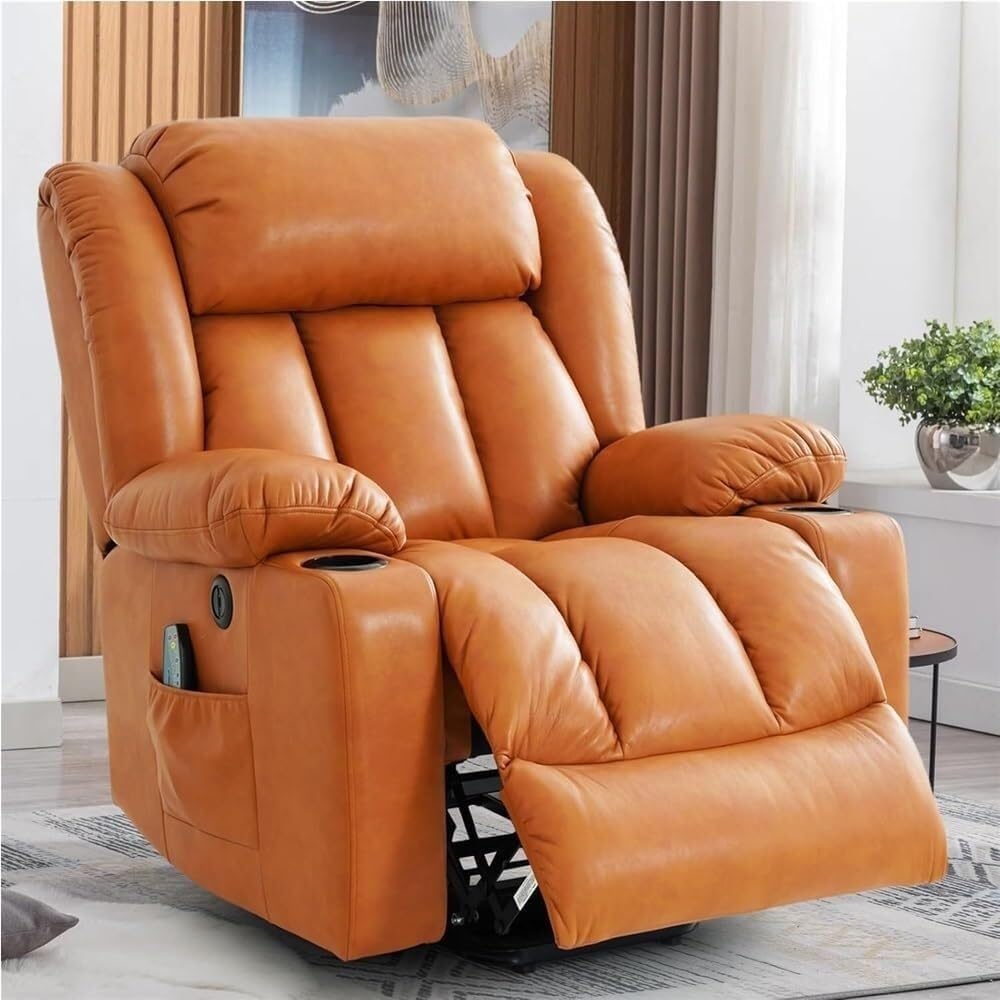 Bright Orange Electric Power Lift Recliner Chair for Elderly, Heated Massage Leather Reclining Sofa Cup Holders and USB Charging Ports, Compact Living Room Furniture for Seniors