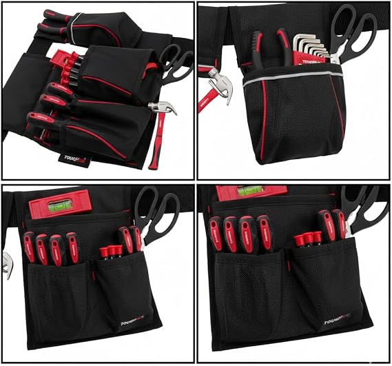 Heavy Duty Tool Belt Pouch, 1680D Nylon, 9-Pocket Adjustable Tool Pouch Men | 1680D nylon tool belt pouch supports 25 lbs, with 9 pockets, reinforced stitching and an adjustable 28–44 waist fit.