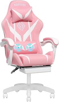HOFFREE Pink Gaming Chair for Girls with Massage Computer Gamer Chair with Footrest and Lumbar Support Reclining PC Game Chair with Headrest for Gaming Room