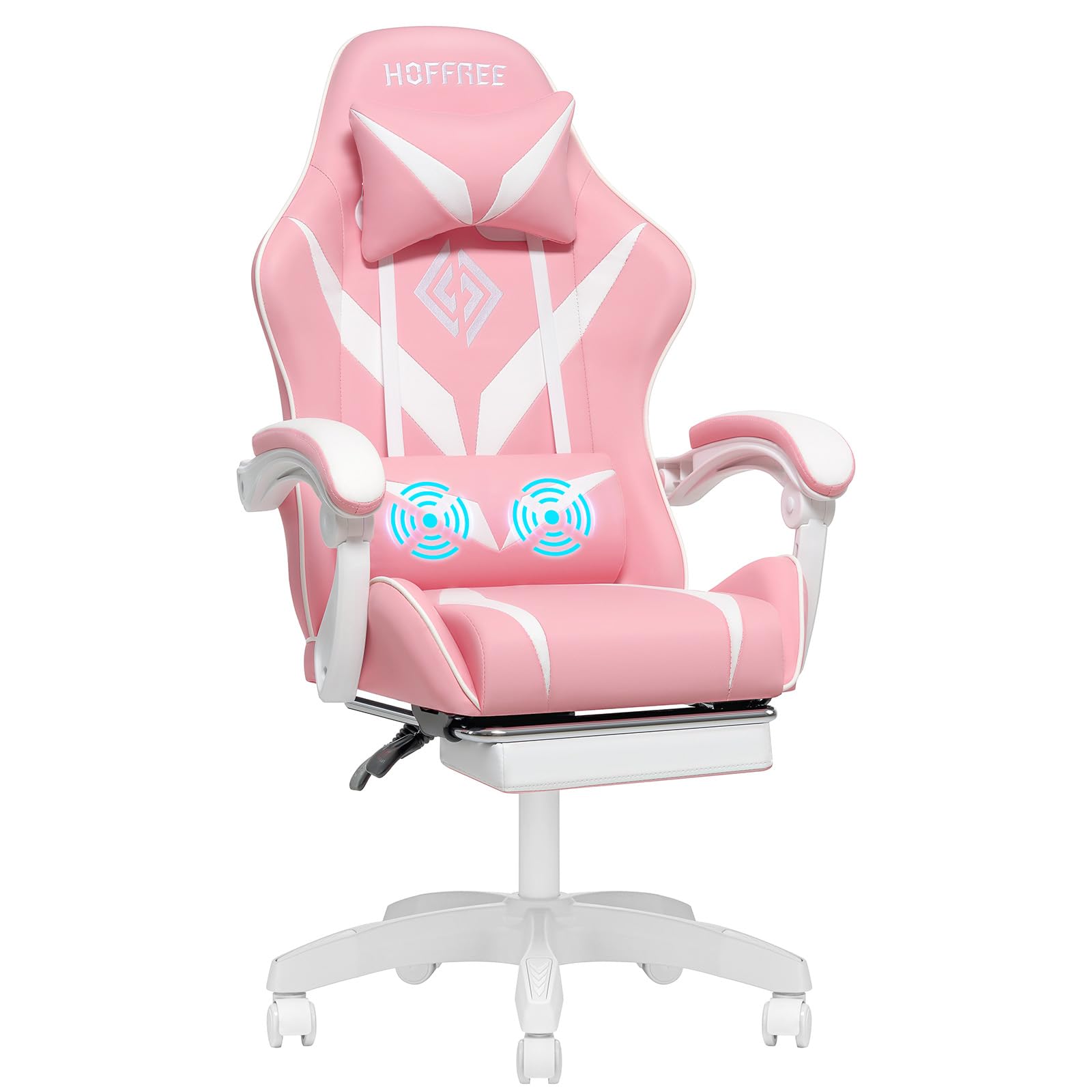 HOFFREE Pink Gaming Chair with Massage for Girls Cute Computer Gamer Chair with Footrest and Lumbar Support Reclining PC Game Chair with Headrest for Gaming Room