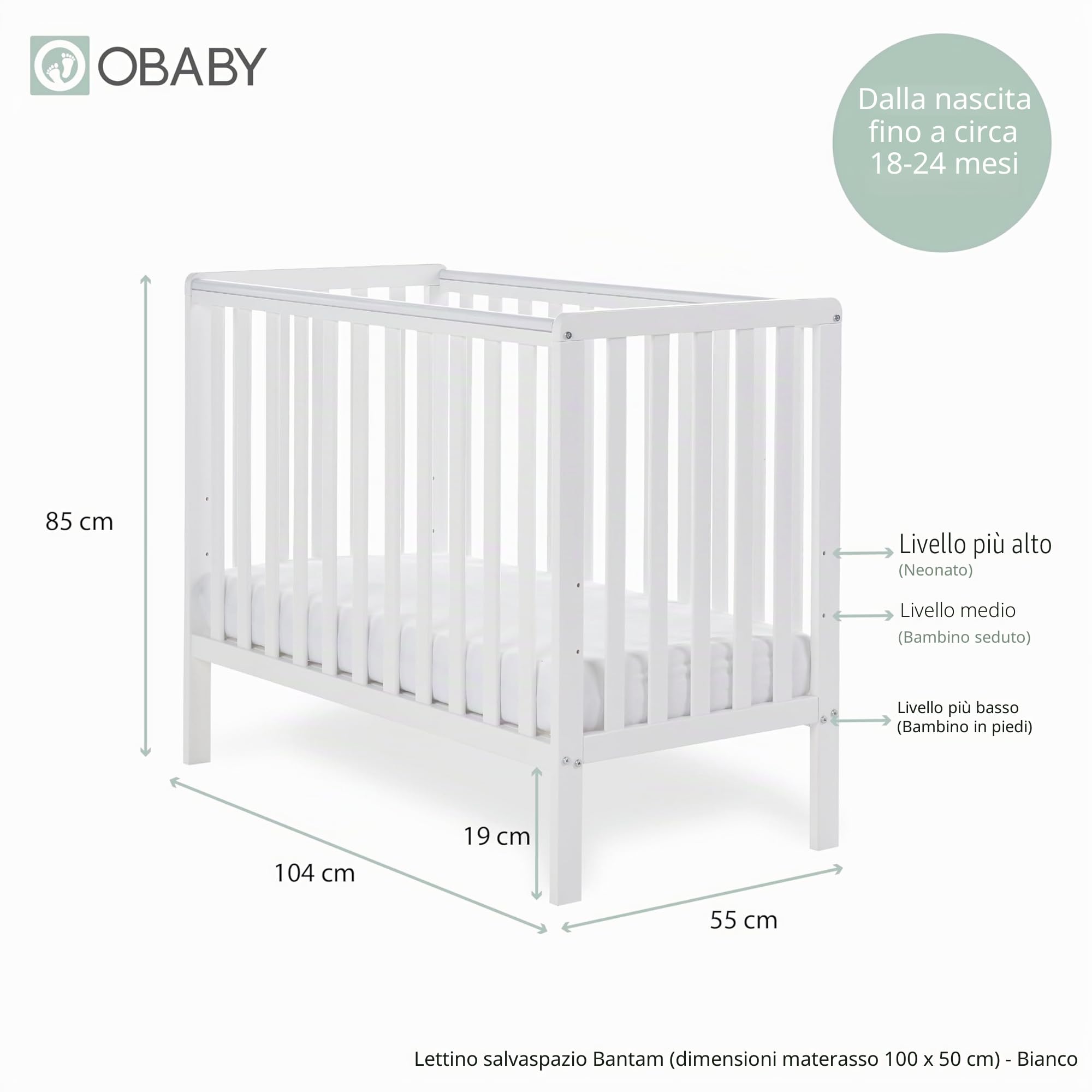 Obaby Bantam - Lettino salvaspazio, colore: Bianco