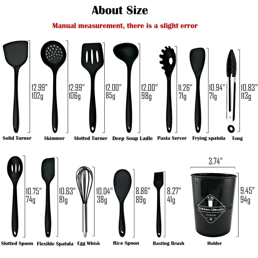WLDMA Ensemble d'ustensiles de cuisine noirs en silicone de qualité alimentaire avec spatule, pelle à soupe, cuillère à soupe, ustensiles de cuisine BPA