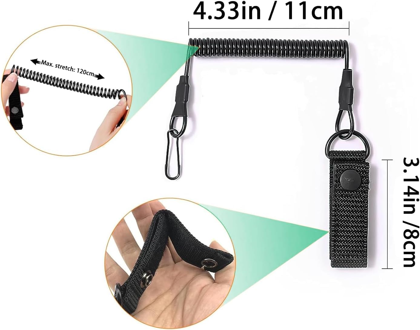 Paquete de 2 cordones elásticos de seguridad con mosquetón, cordón elástico táctico reutilizable en espiral resistente para pesca, senderismo, escalada, camping y actividades al aire libre