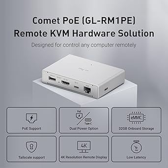 GL.iNet Comet PoE (GL-RM1PE) Remote KVM Control Over Internet - PoE/Type - C Dual Power Option 4K@30Hz,32GB EMMC Tailscale Support for PC Server Remote Access Power Management Adapted KVM Switches
