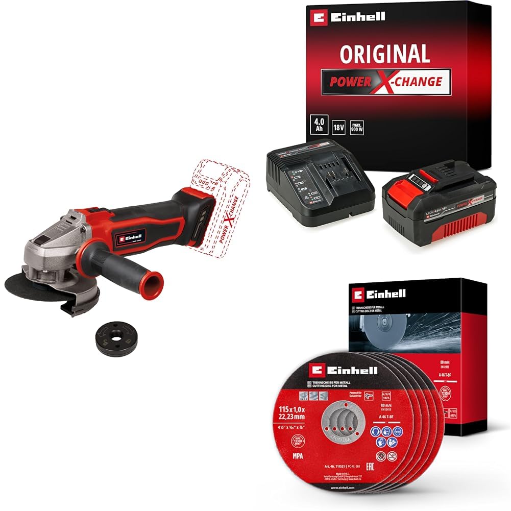 Einhell TE-AG 18/115 Q Li Solo Akülü Avuç Taşlama + 18V 4,0 Ah PXC Starter Kit, Akü ve Şarj Cihazı + İnox kesici disk 115x1,0 mm 5 adet