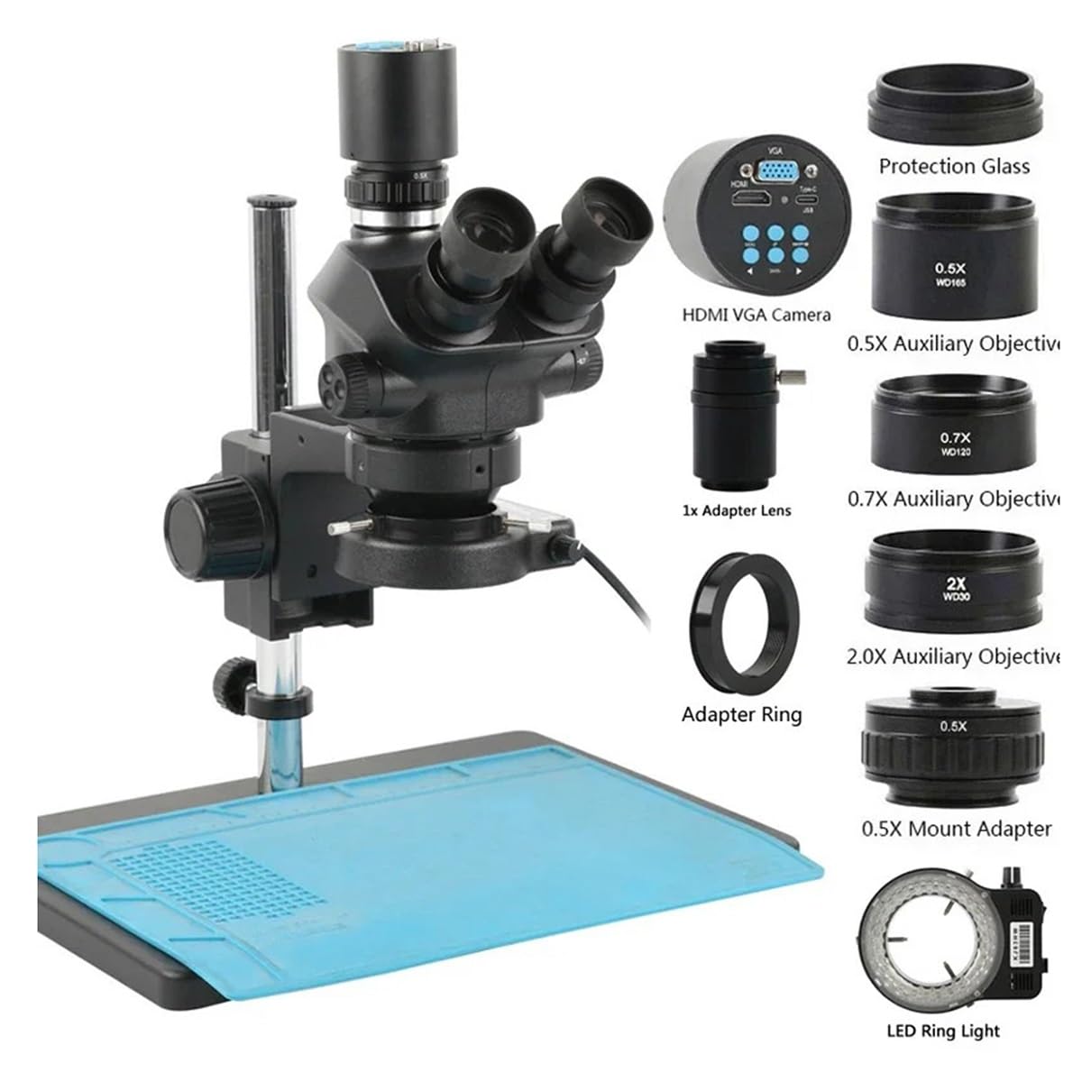 Microscope 7X-100X Zoom Simul Focal Stereo Trinocular Microscope WF10X/22MM Lens 4K 2K 55MP VGA USB HDMI PC Video Camera for PCB Soldering(VGA HDMI Type-c)