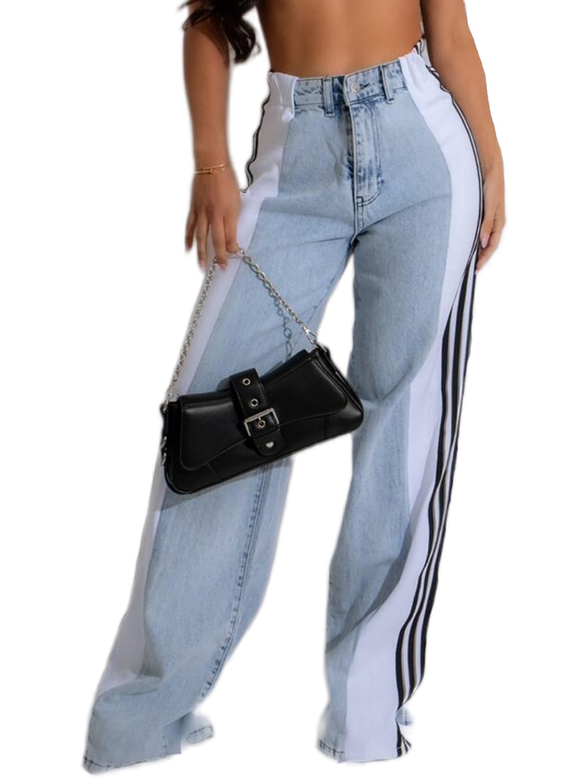 Angsuttc Womens Jeans with Patchwork Stripes High Waisted Stretchy Denim Color Block Straight Wide Leg Trendy Jean