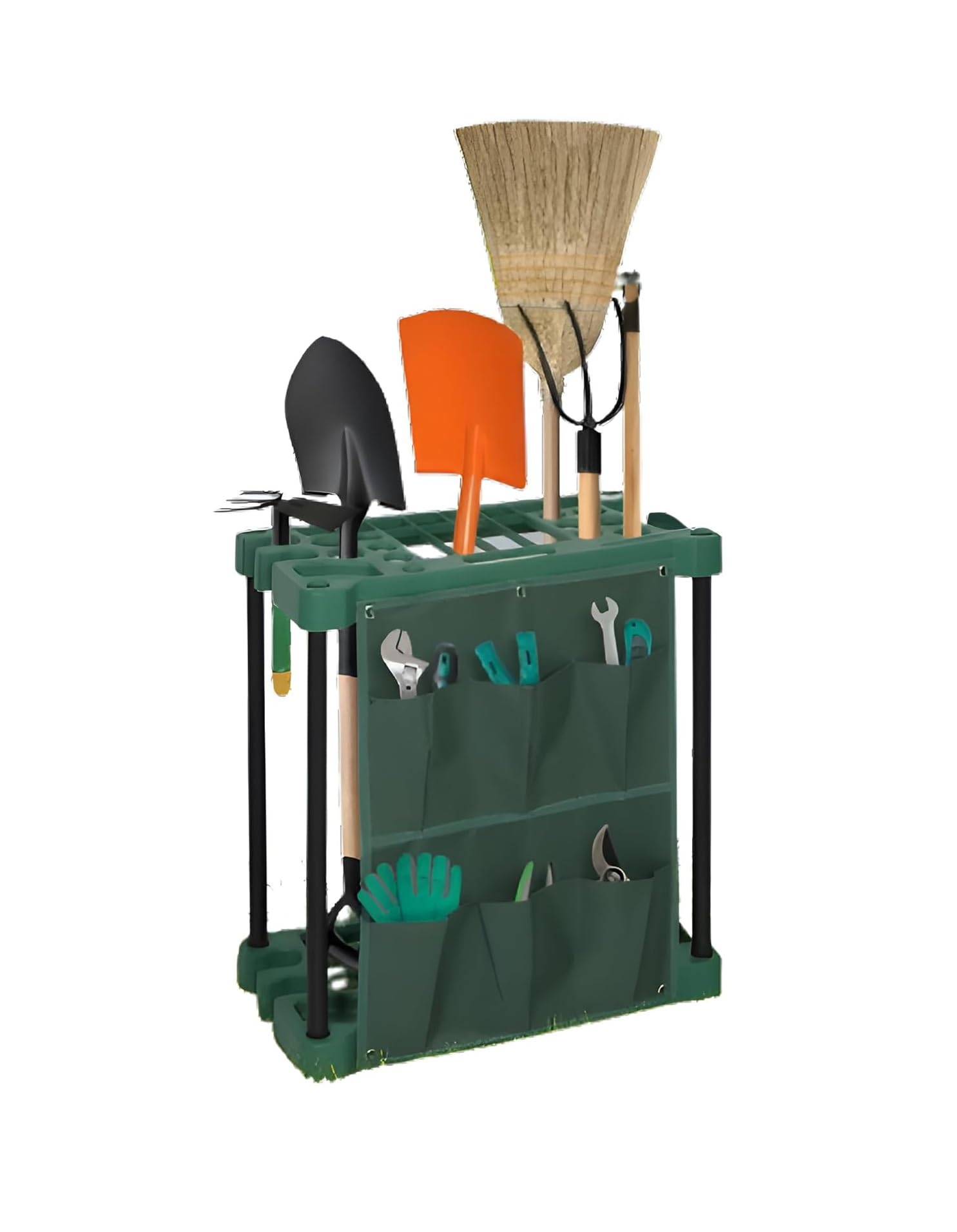 Homion Green 2 Tier Garden Tool Holder Heavy Duty Garden Tools Storage Multi Tool Portable Organiser Tidy With Bag For Sheds, Garages & Outdoors Caddy Freestanding Holder For Rakes, Shovels, Brooms 61 X 58 X 31Cm