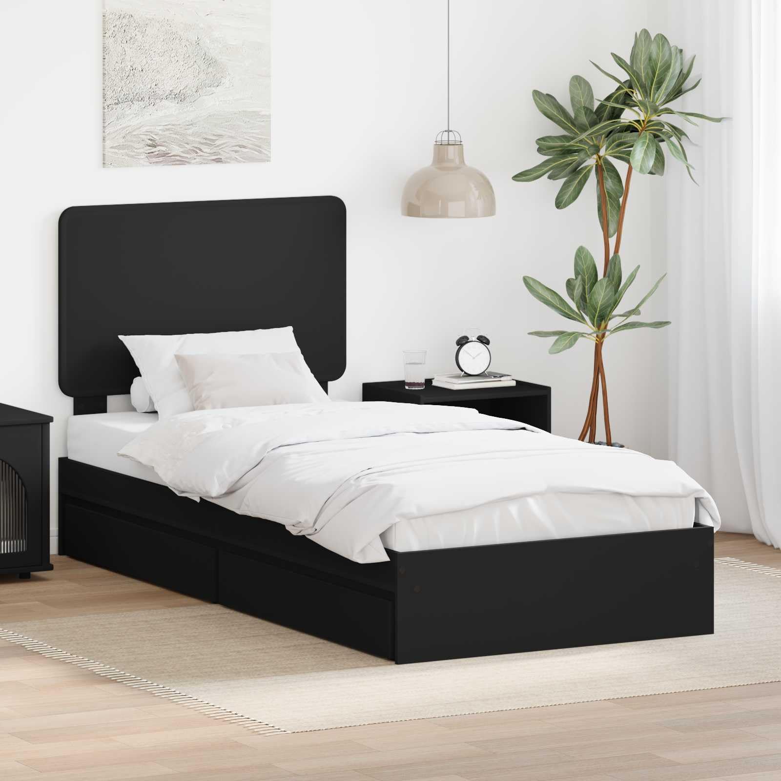 vidaXL Storage Bed with Headboard Black 75 x 190 cm Engineered Wood, Modern Bedroom, Durable Platform Bed, Rectangular Design, Minimalist Frame, Comfortable Sleep for Contemporary Living