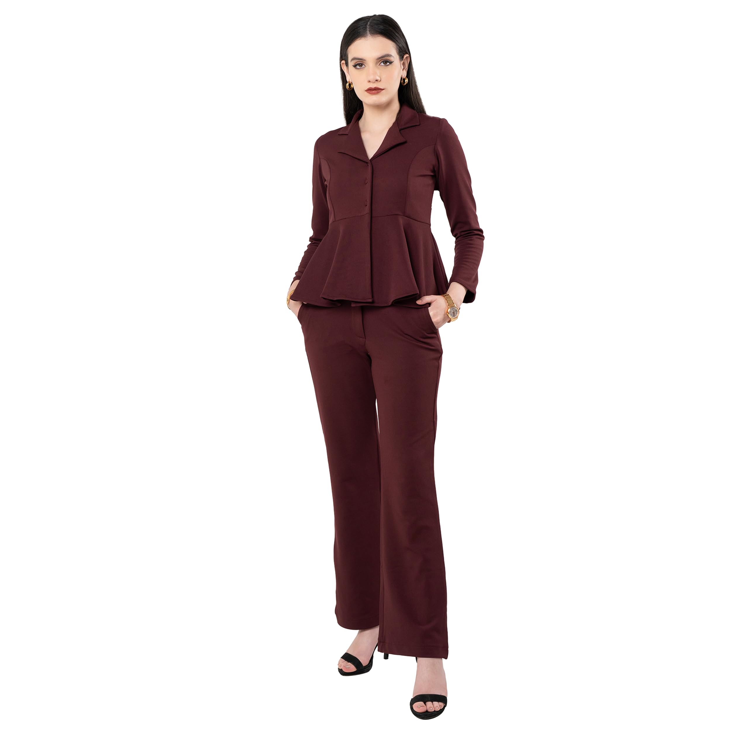 Solid Co ord Set for Women | Peplum Top with Flared Pants | Lapel Collar | Full Sleeves | Bottom with Both Side Pockets | Slim Fit Office Cord Set for Women | Pack of 1-image-18