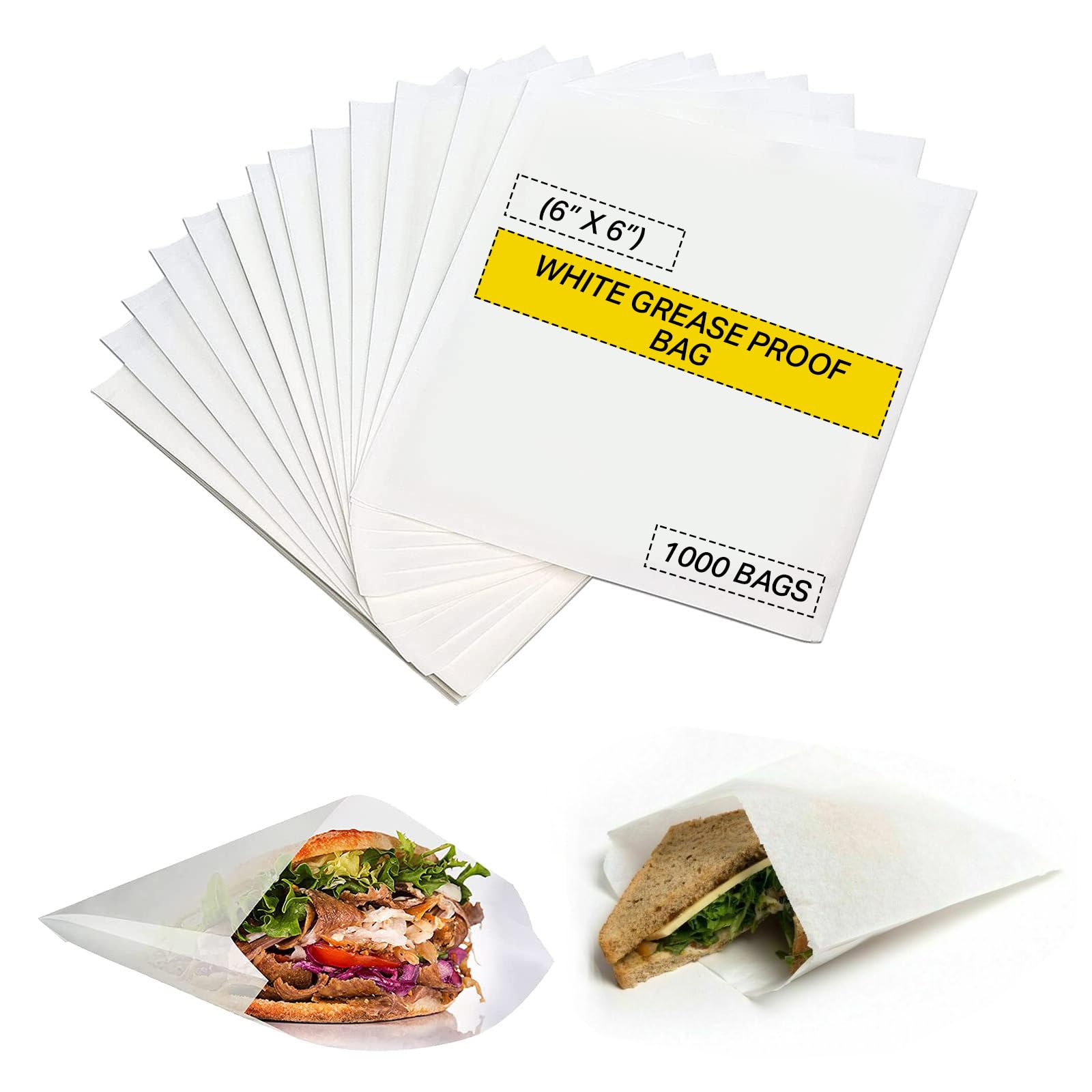 Mega Packaging White [1000 Pack] Greaseproof Paper Bags For Food - (6'' X 6'') Eco-Friendly & Biodegradable Sandwich Bags For Snacks, Lunch - Ideal For Sweets & Food