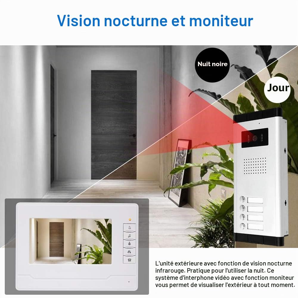 KDL Filaire Système téléphonique de Porte Sonnette vidéo de 7 Pouces 4 moniteurs avec 1 caméra extérieure avec Quatre Boutons d'appel, Vision Nocturne IR, Audio pour Appartements Multiples/Familles