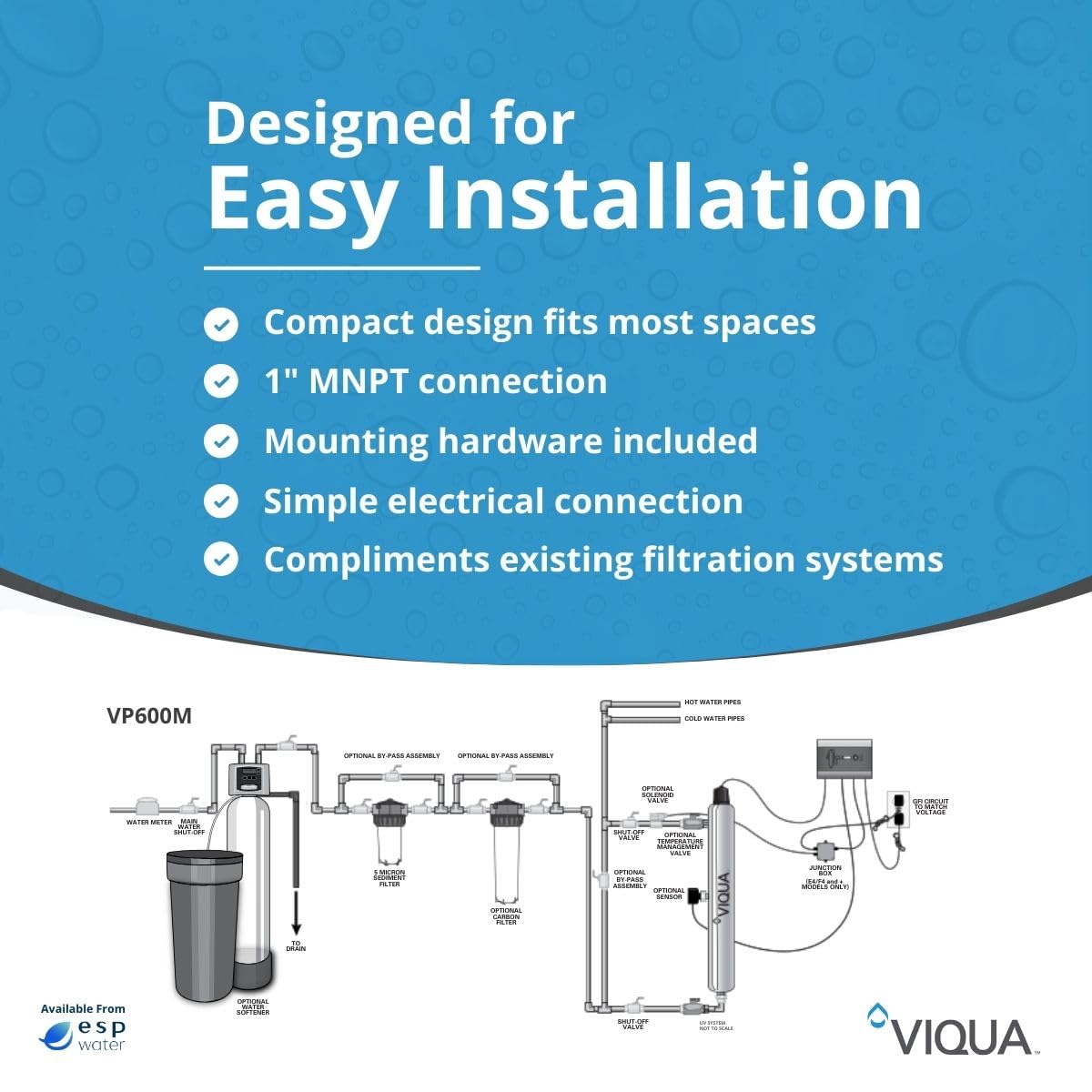 VIQUA VP600M Professional UV Water Filter System with Sensor, 24 GPM, 1" MNPT Connections, Stainless Steel Chamber for Commercial Applications, Monitored UV System