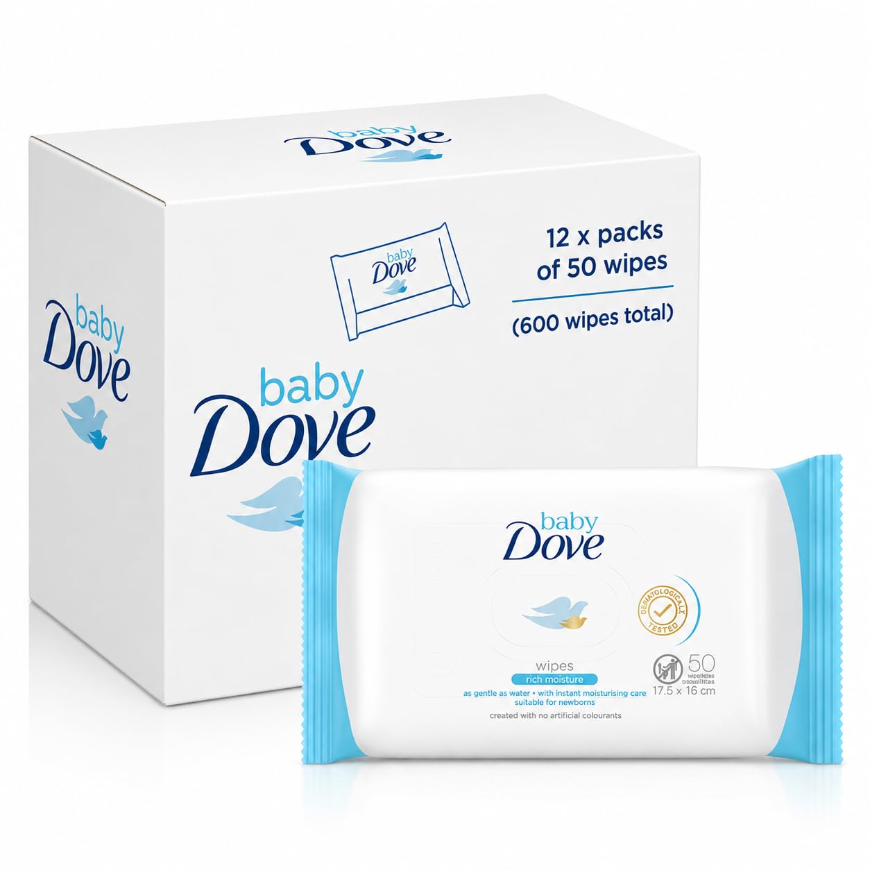 Baby Dove Rich Moisture Sensitive Skin Baby Wipes - For Newborns and Infants - 50 x 12 Packs - 600 Wipes Total