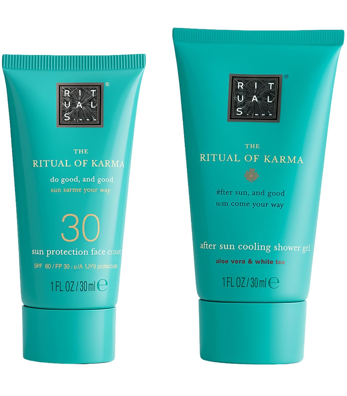 The Rituals of Karma Summer Duo includes a 50ml After Sun Cooling Shower Gel, SPF 30 Sunshine Protection Face Cream, and a 30ml Mini After Shower Foam, infuse your skin—and your summer—with kindness