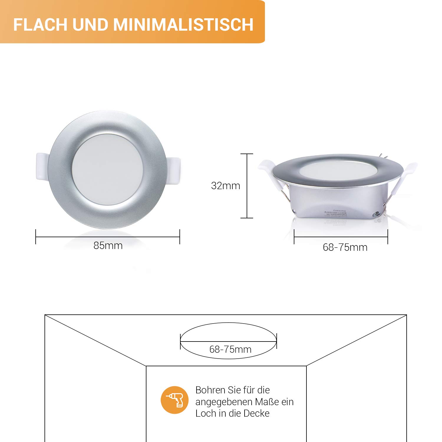 TEVEA PREMIUM LED Einbauleuchte - 230v - LED Einbaustrahler - helles, reines Licht - Deckenspot - Ultra Flach - IP44 - Energieklasse A+ - (5-er set) - Silber - Warmweiss