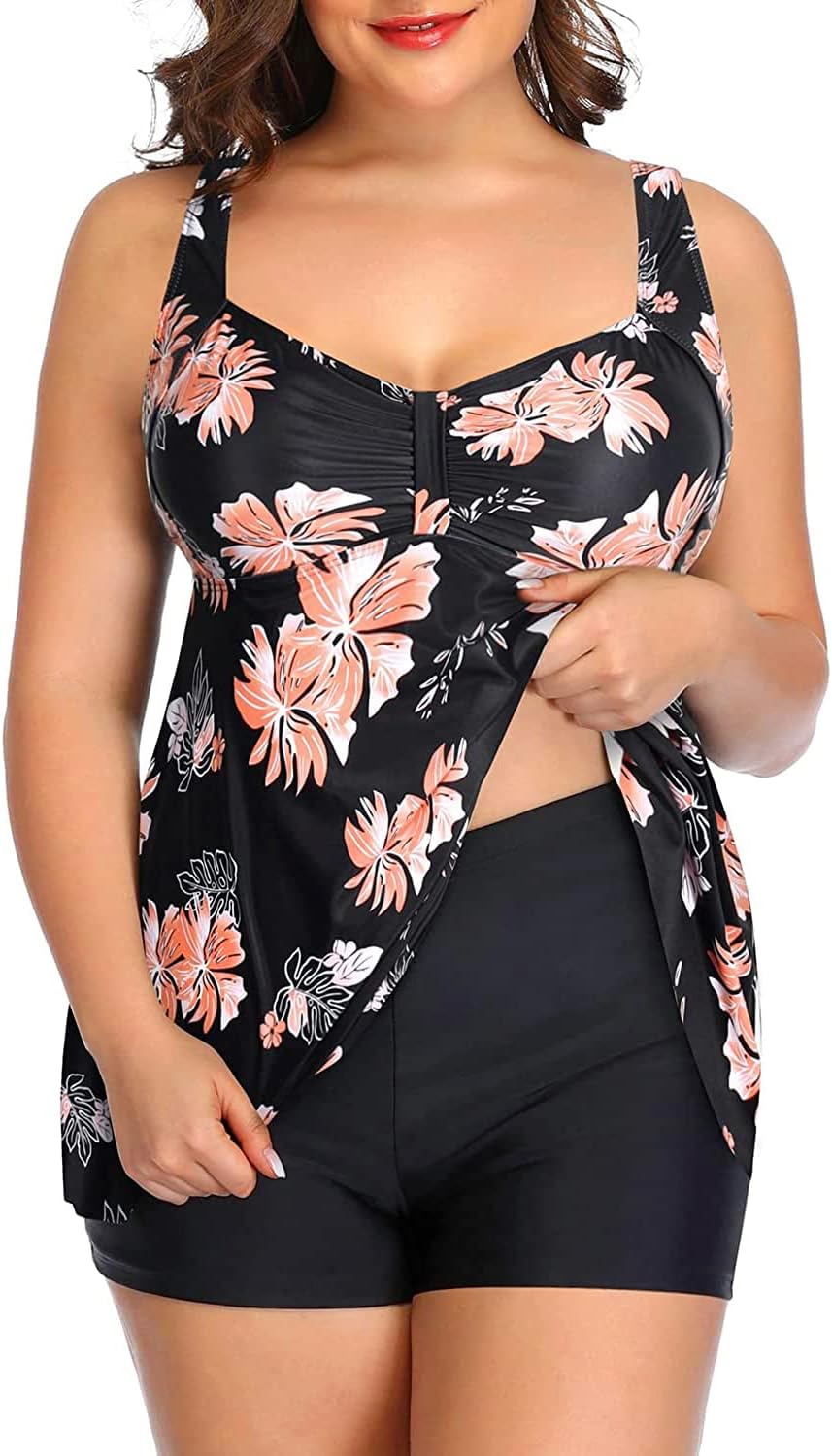 Aqua Eve Women Two Piece Plus Size Tankini Swimsuit with Shorts Tummy Control Bathing Suit Flowy Swimwear