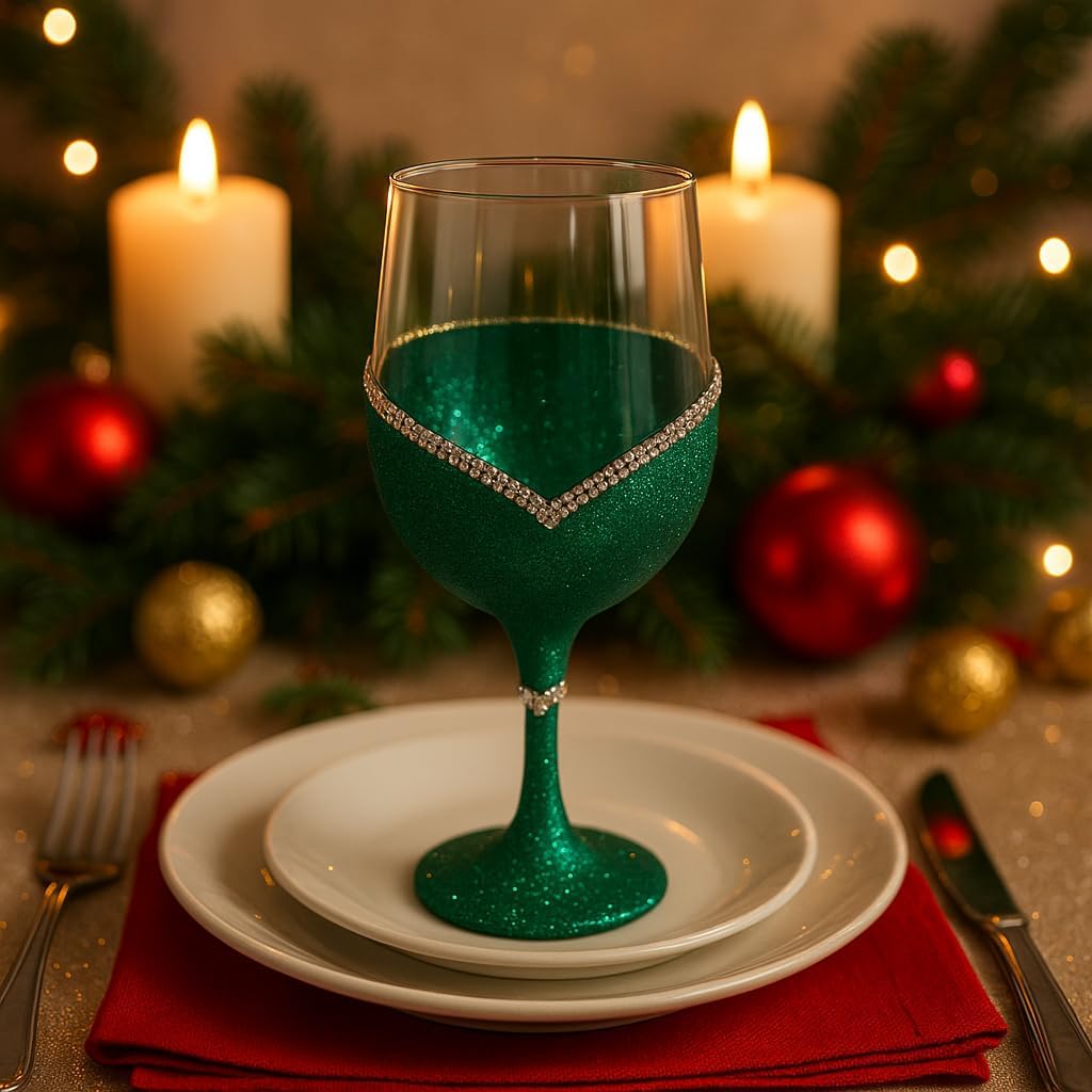 Wine Glasses with Glitter And Rhinestone Embelishment 20 0unce - Turquoise Green